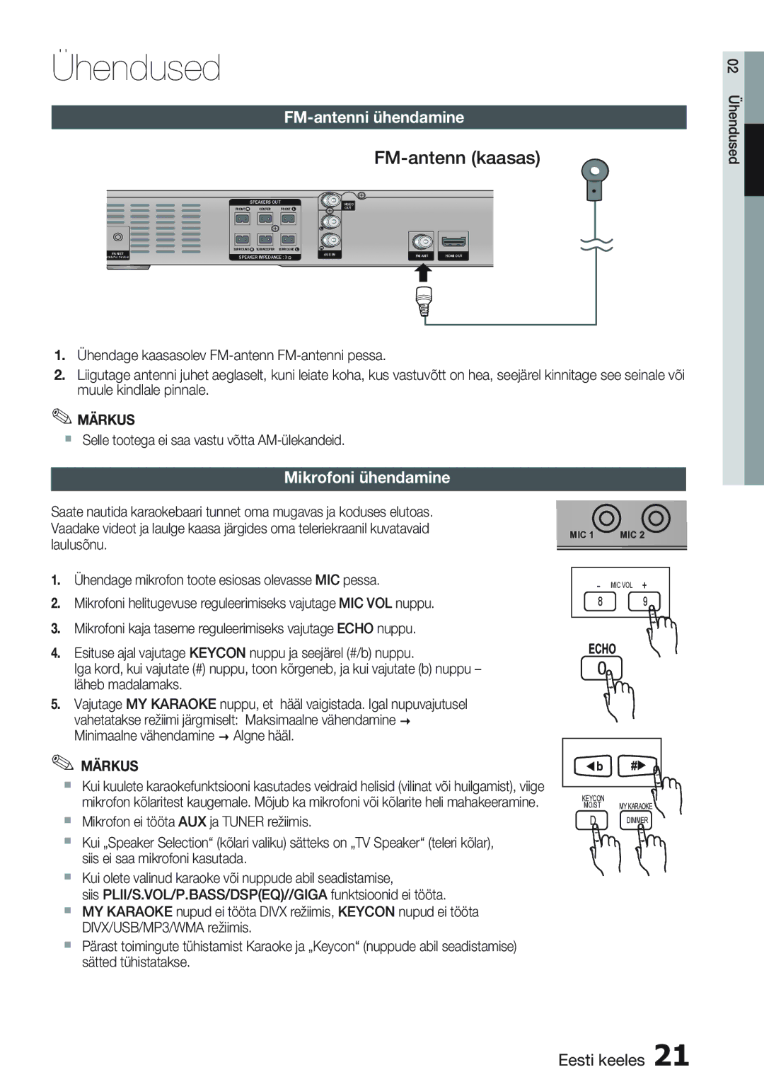 Samsung HT-E355K/RU manual FM-antenni ühendamine, Mikrofoni ühendamine,  Selle tootega ei saa vastu võtta AM-ülekandeid 