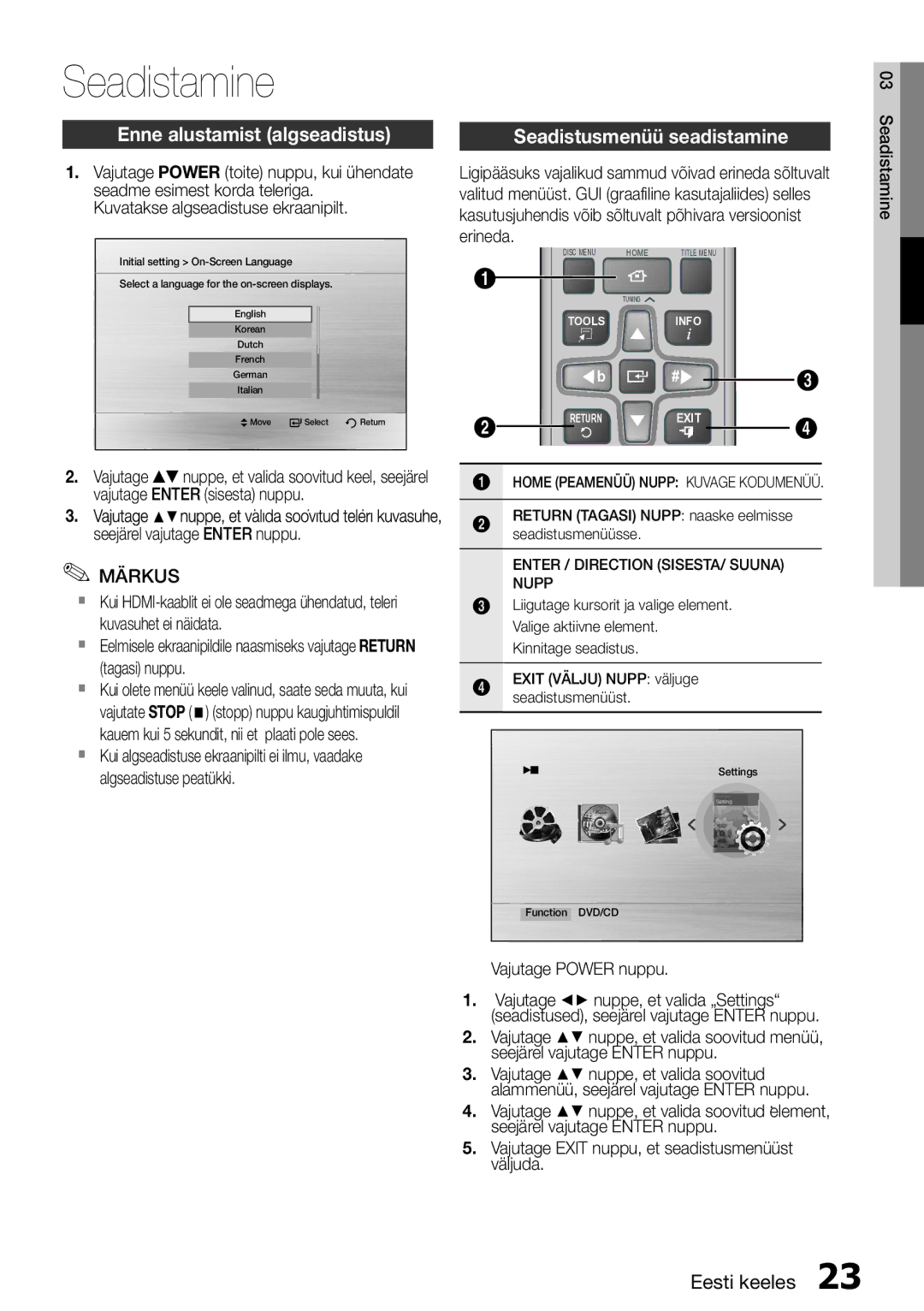 Samsung HT-E355K/RU manual Seadistamine, Enne alustamist algseadistus, Seadistusmenüü seadistamine 