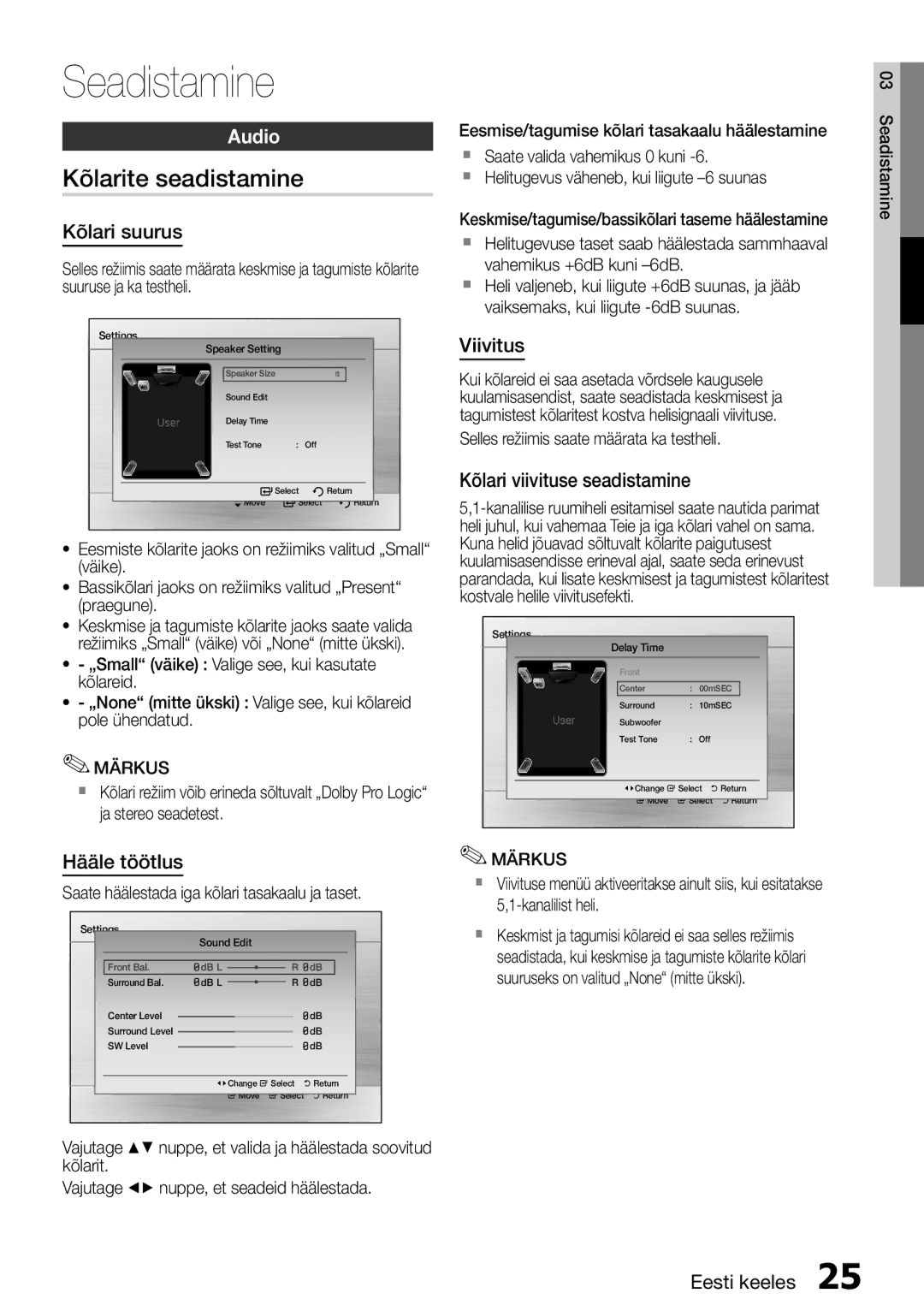 Samsung HT-E355K/RU manual Kõlarite seadistamine, Audio 