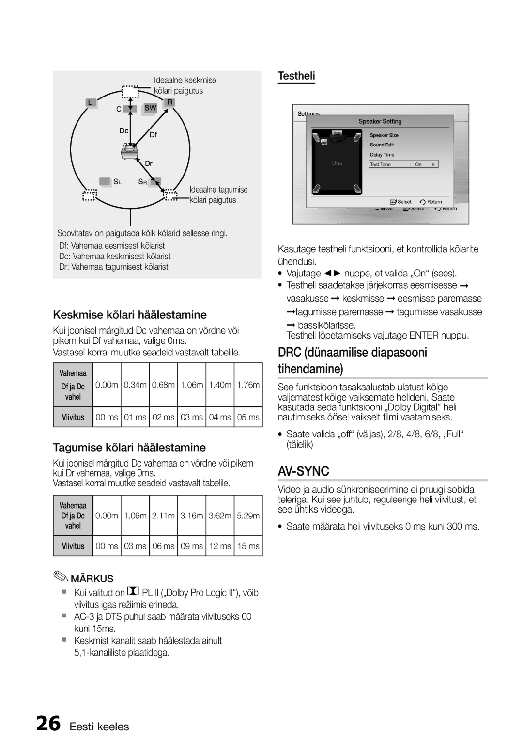 Samsung HT-E355K/RU DRC dünaamilise diapasooni tihendamine, Keskmise kõlari häälestamine, Tagumise kõlari häälestamine 