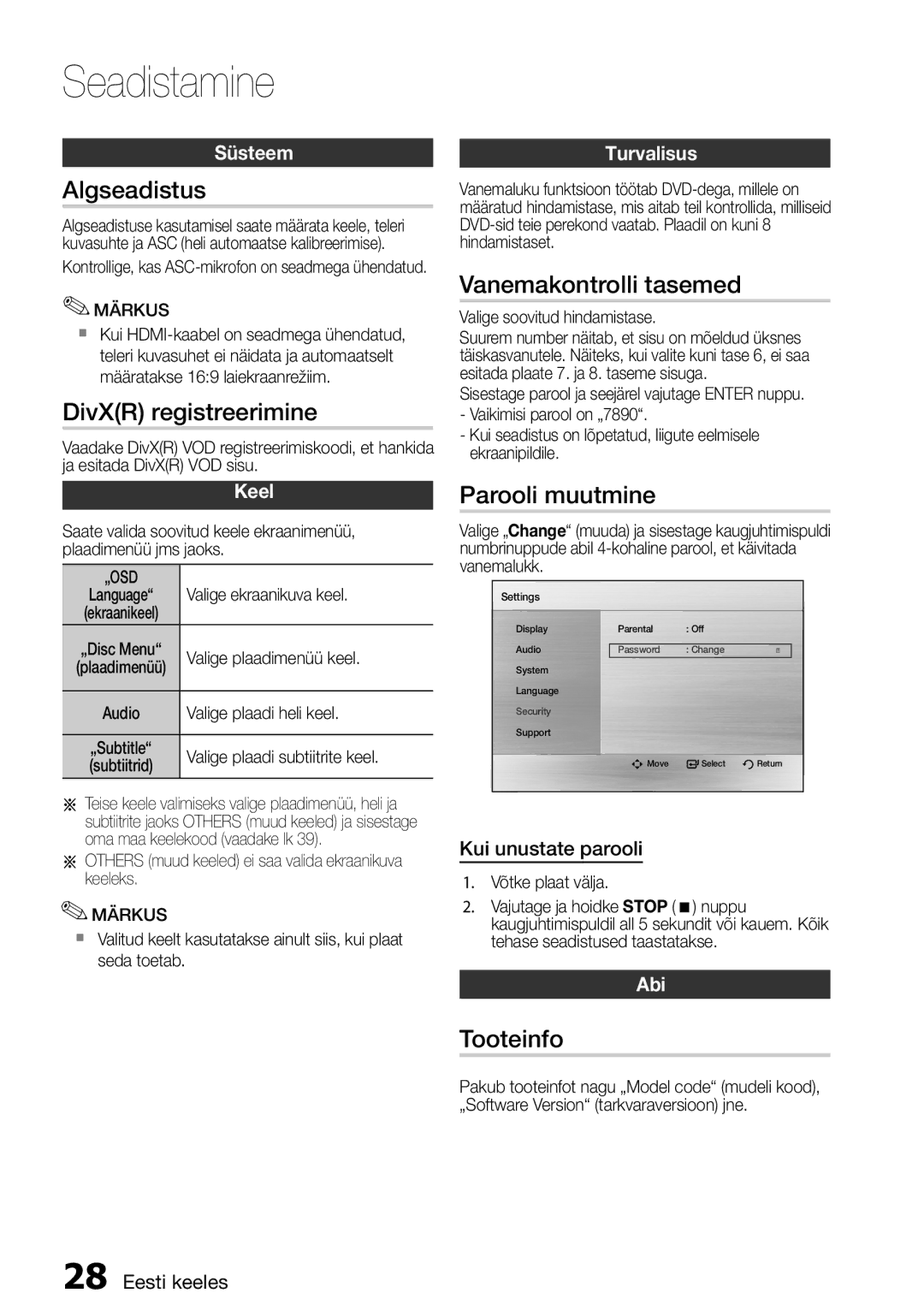 Samsung HT-E355K/RU manual Algseadistus, DivXR registreerimine, Vanemakontrolli tasemed, Parooli muutmine, Tooteinfo 