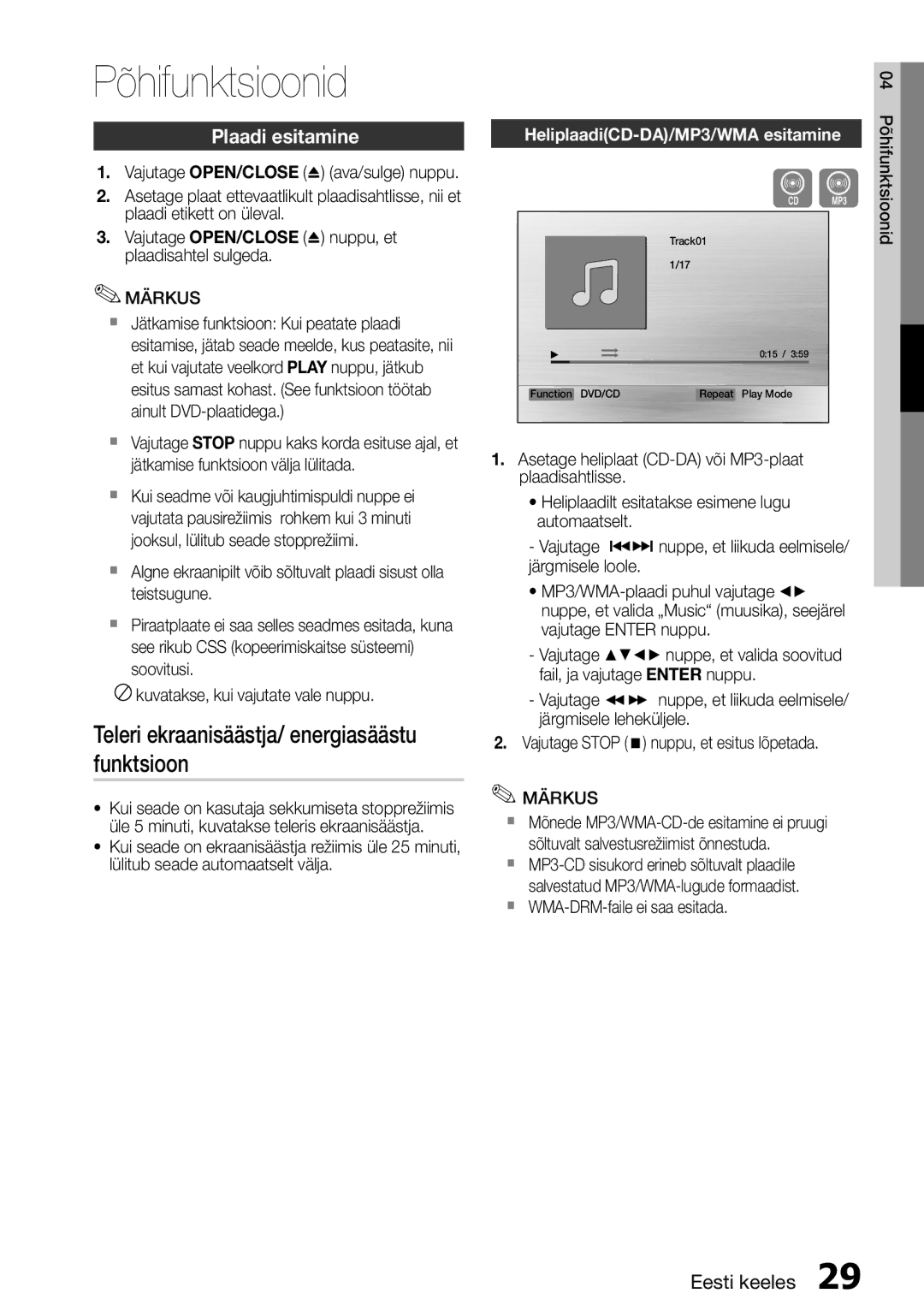 Samsung HT-E355K/RU manual Põhifunktsioonid, Teleri ekraanisäästja/ energiasäästu funktsioon, Plaadi esitamine 