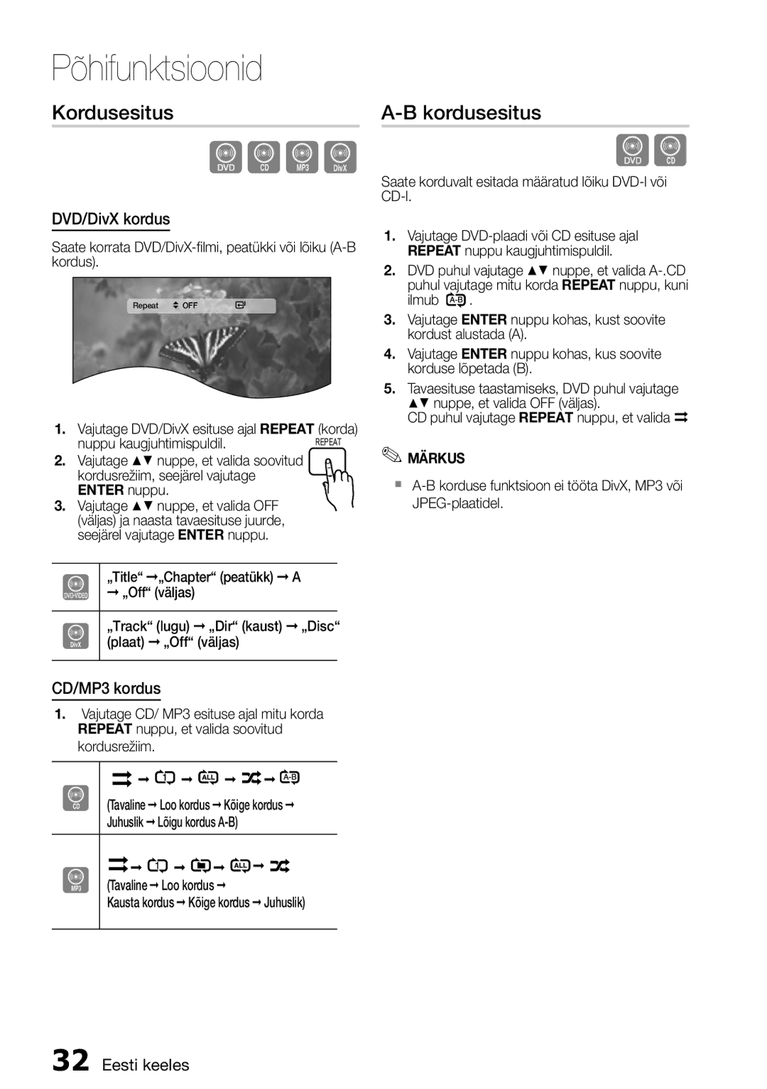 Samsung HT-E355K/RU manual Kordusesitus, DVD/DivX kordus, CD/MP3 kordus 