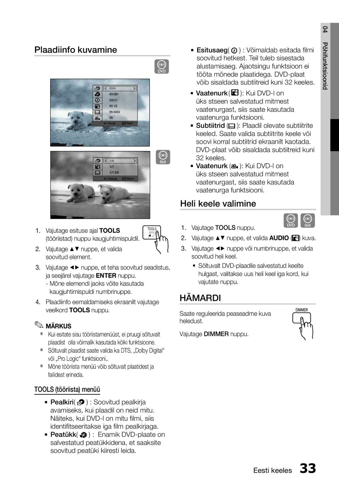 Samsung HT-E355K/RU manual Plaadiinfo kuvamine, Heli keele valimine, Tools tööriista menüü, Vajutage esituse ajal Tools 