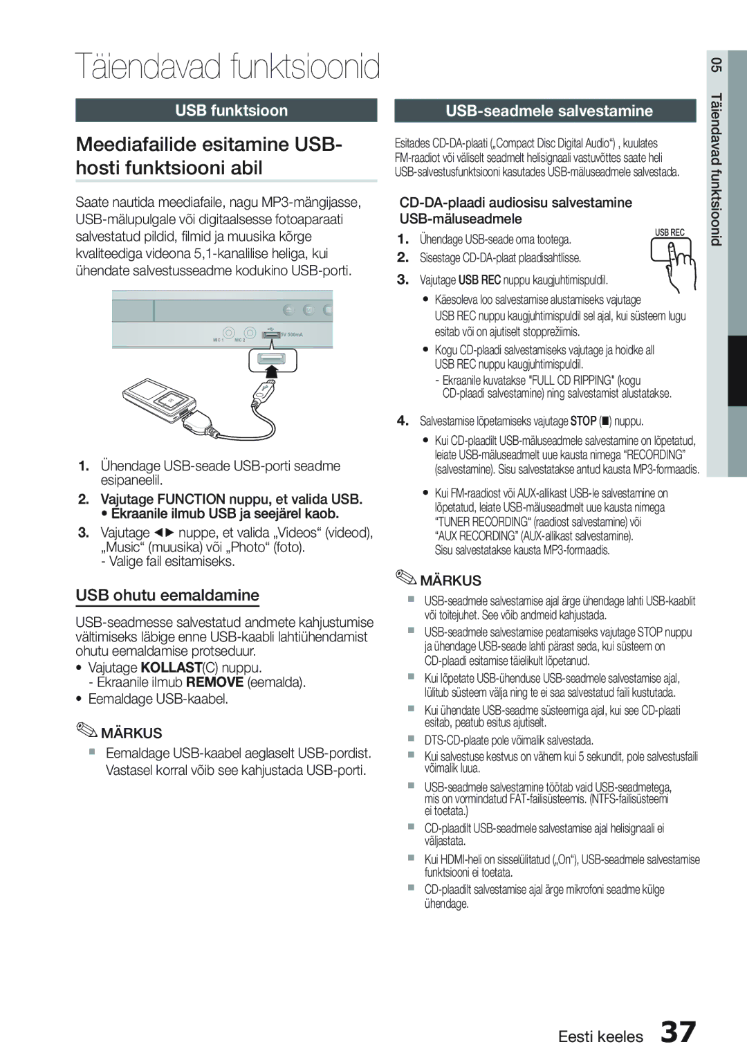 Samsung HT-E355K/RU manual Meediafailide esitamine USB- hosti funktsiooni abil, USB funktsioon, USB-seadmele salvestamine 