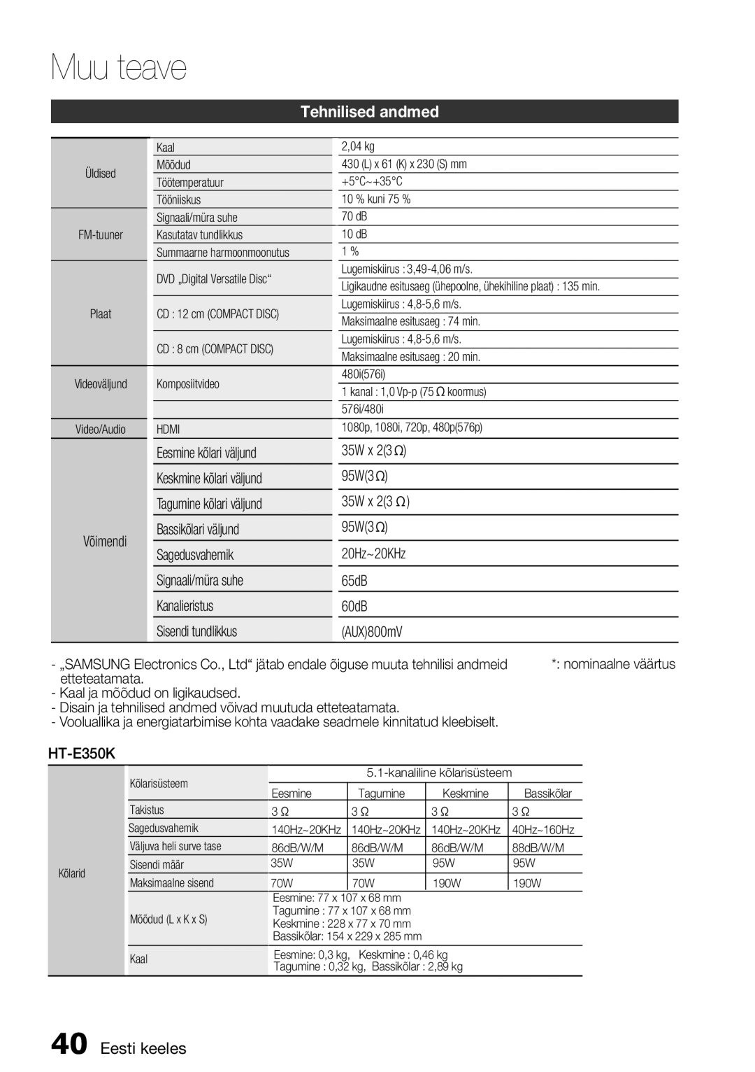 Samsung HT-E355K/RU manual Tehnilised andmed, Eesmine kõlari väljund, 95W3 