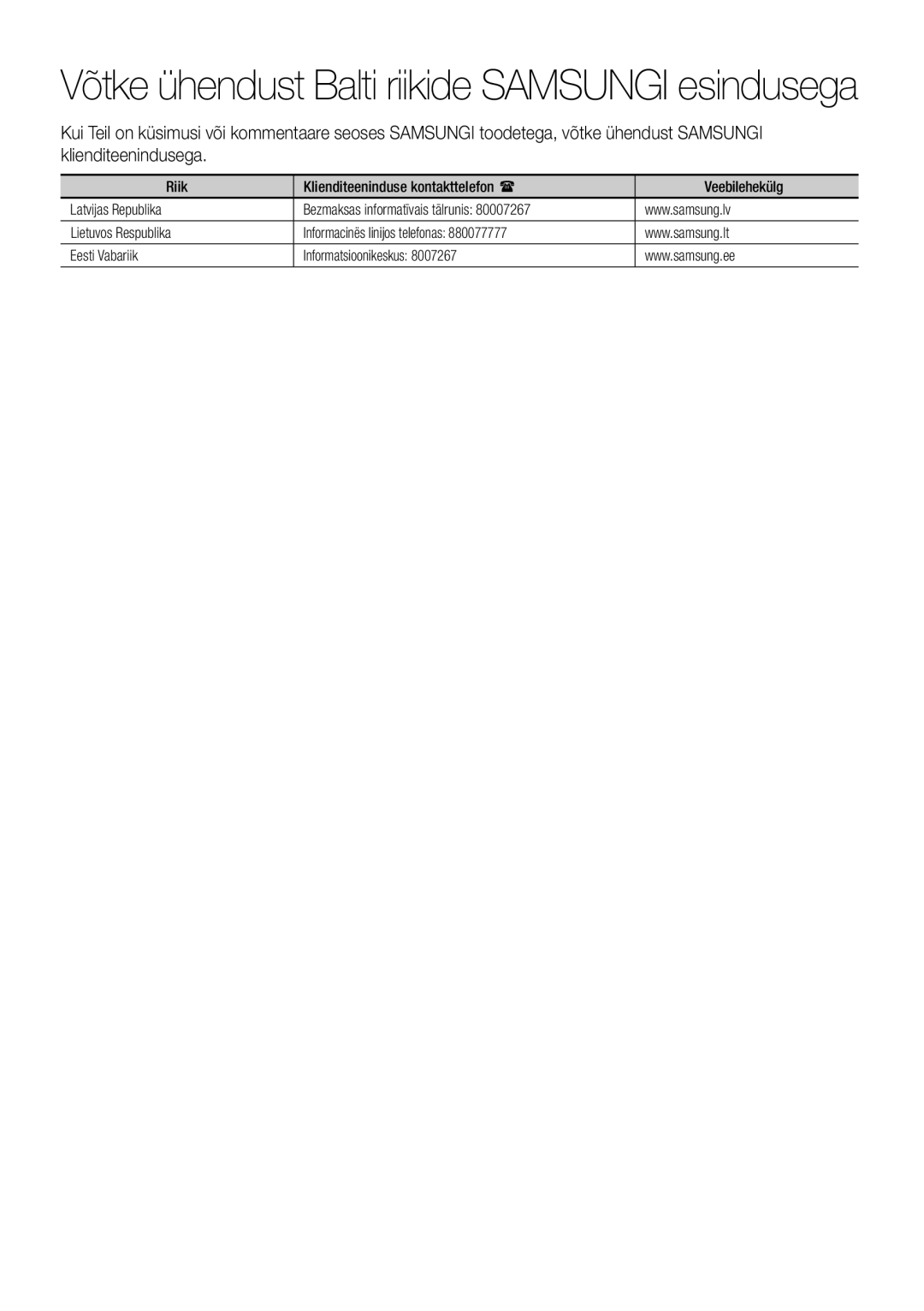 Samsung HT-E355K/RU manual Võtke ühendust Balti riikide Samsungi esindusega 