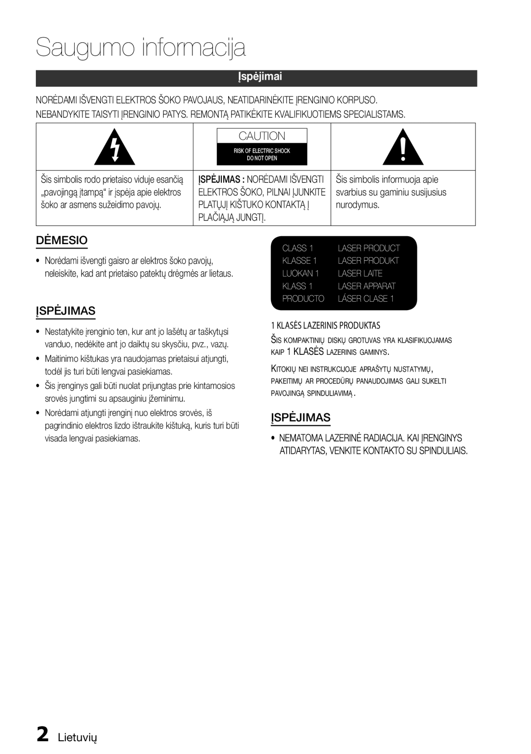 Samsung HT-E355K/RU manual Saugumo informacija, Įspėjimai, Lietuvių, Plačiąją Jungtį, Klasės Lazerinis Produktas 