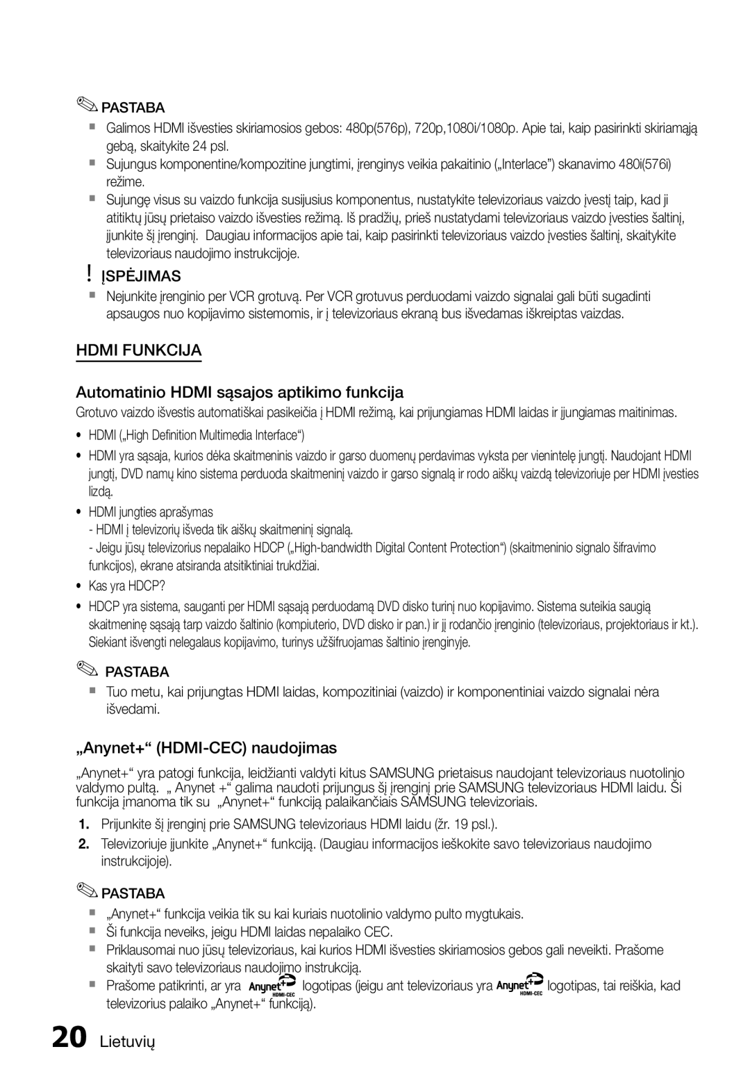 Samsung HT-E355K/RU manual Automatinio Hdmi sąsajos aptikimo funkcija, „Anynet+ HDMI-CEC naudojimas 