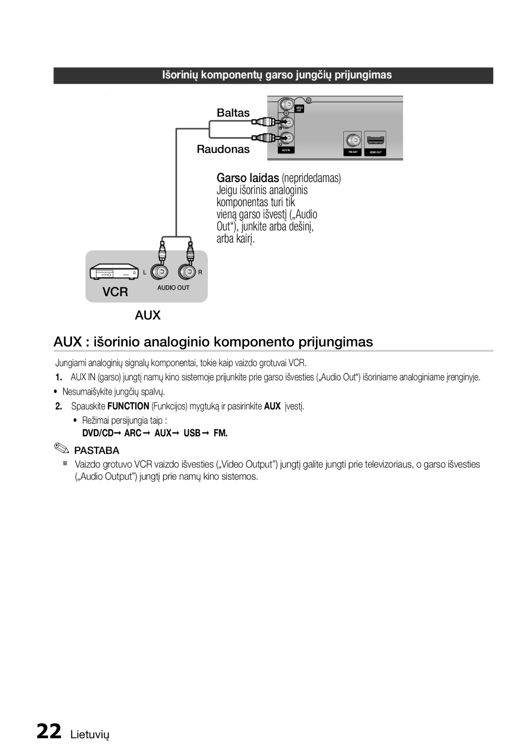 Samsung HT-E355K/RU manual AUX išorinio analoginio komponento prijungimas, Išorinių komponentų garso jungčių prijungimas 