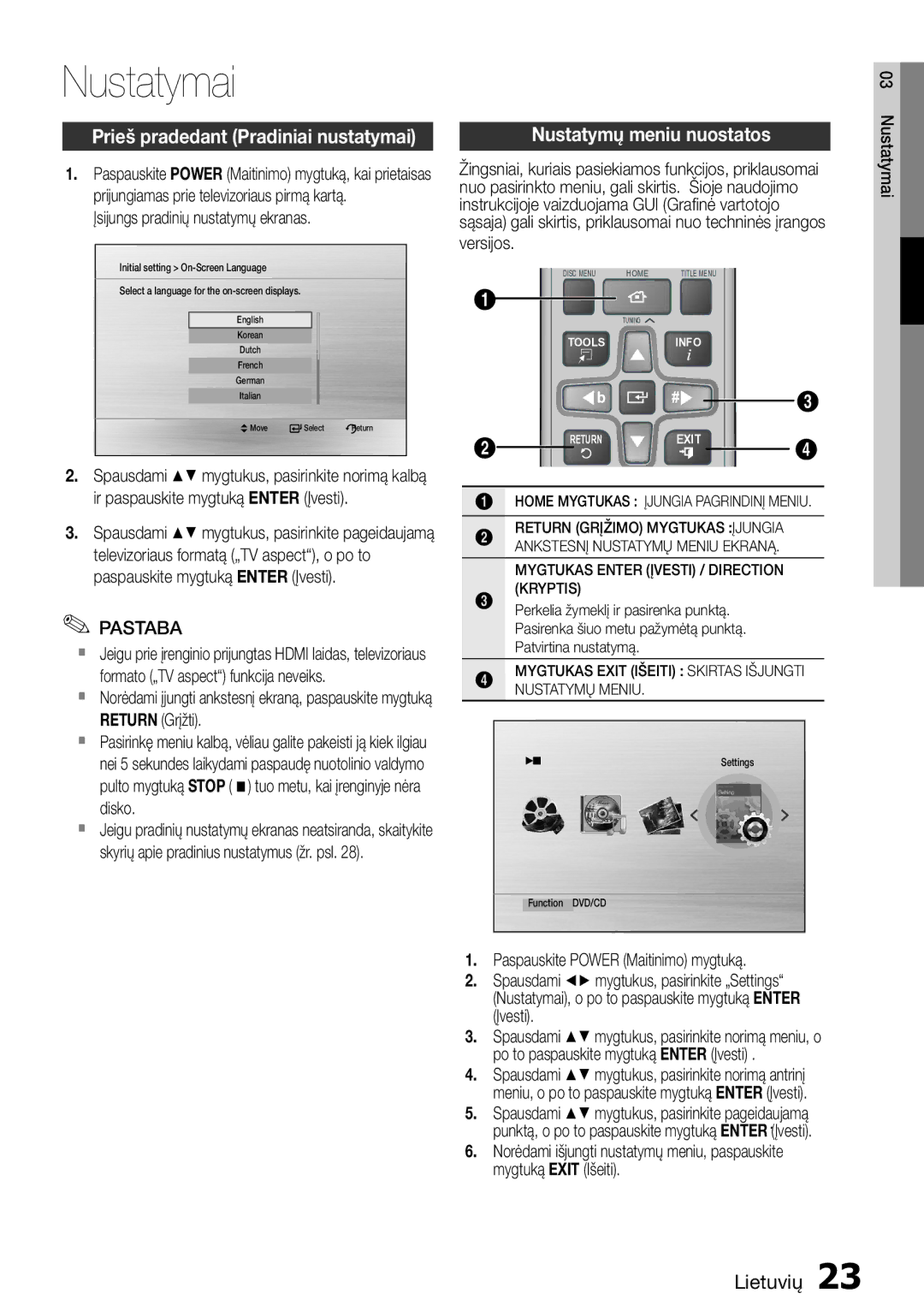 Samsung HT-E355K/RU manual Nustatymai, Prieš pradedant Pradiniai nustatymai, Nustatymų meniu nuostatos, Versijos 