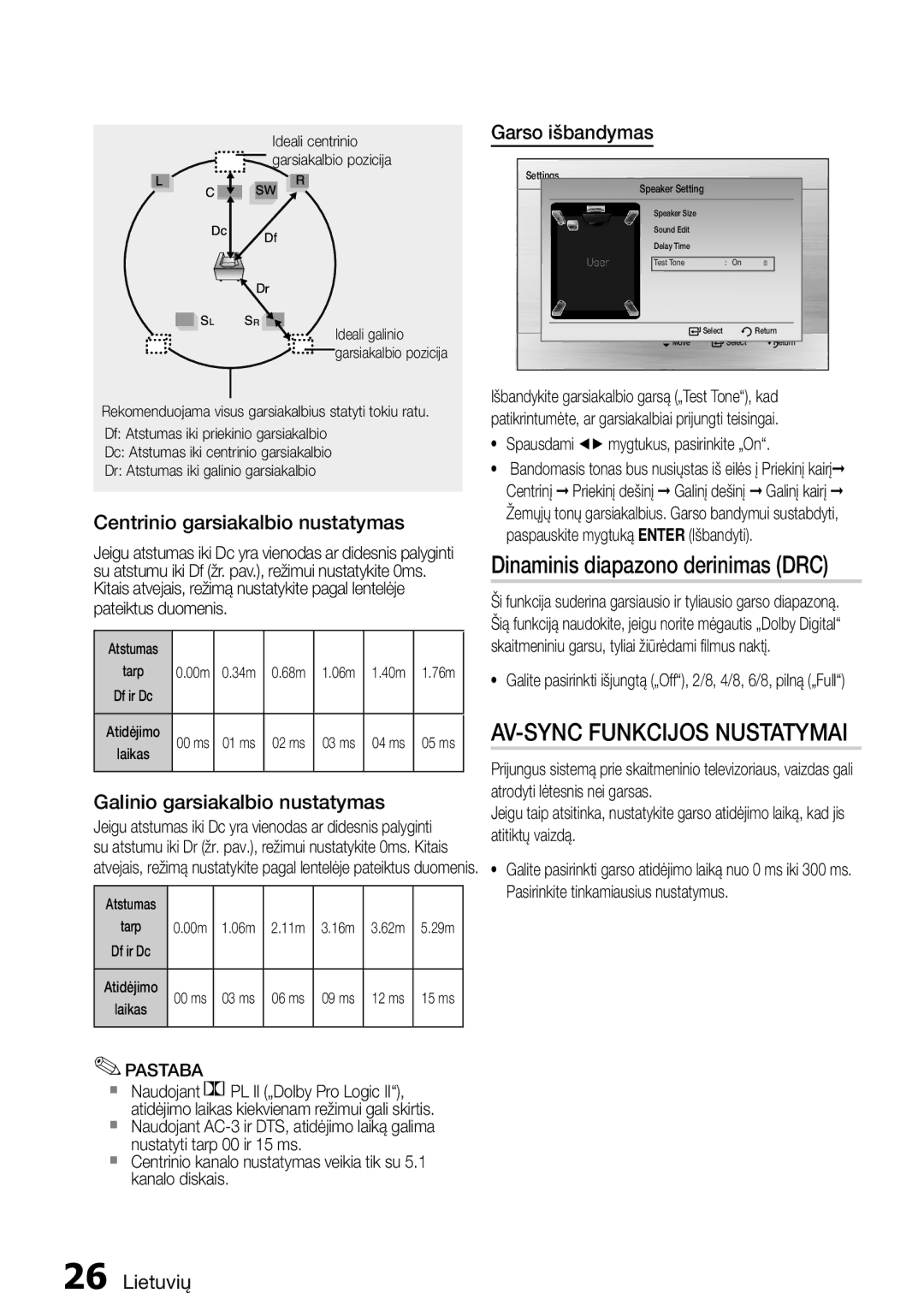 Samsung HT-E355K/RU Dinaminis diapazono derinimas DRC, Centrinio garsiakalbio nustatymas, Galinio garsiakalbio nustatymas 