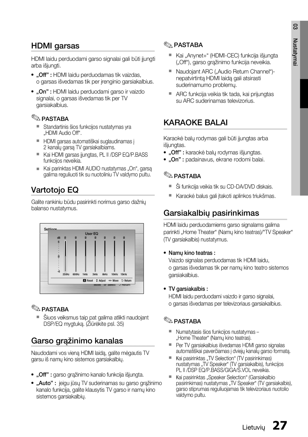 Samsung HT-E355K/RU manual Hdmi garsas, Vartotojo EQ, Garsiakalbių pasirinkimas, Garso grąžinimo kanalas 