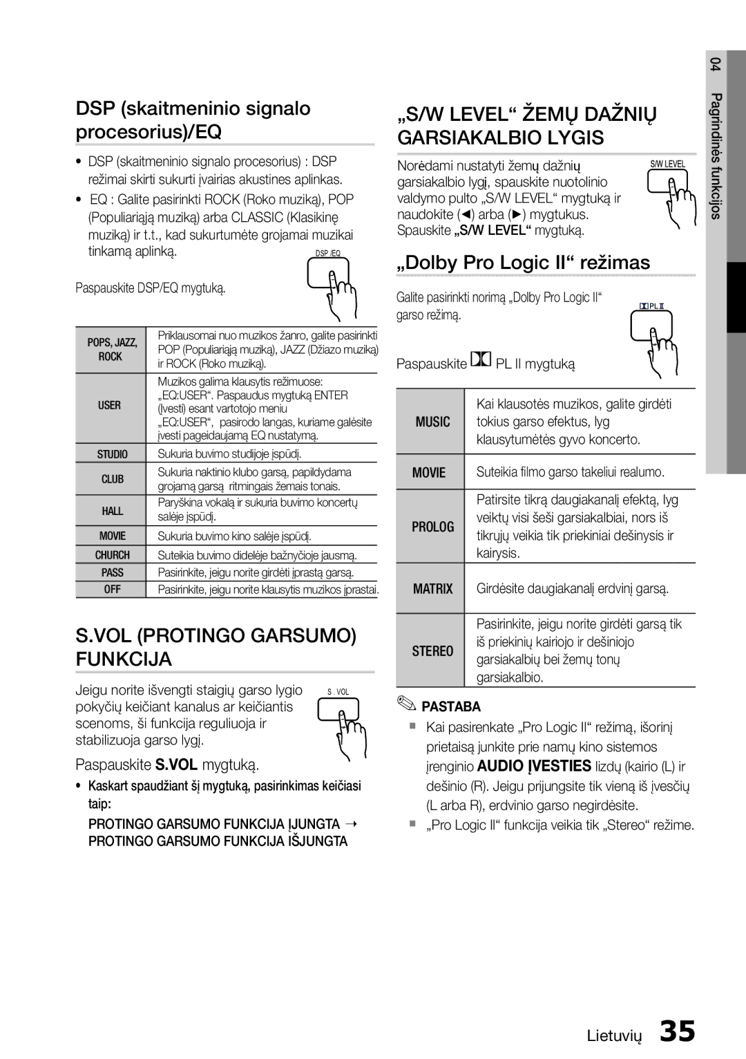 Samsung HT-E355K/RU manual DSP skaitmeninio signalo procesorius/EQ, „Dolby Pro Logic II režimas, Paspauskite S.VOL mygtuką 