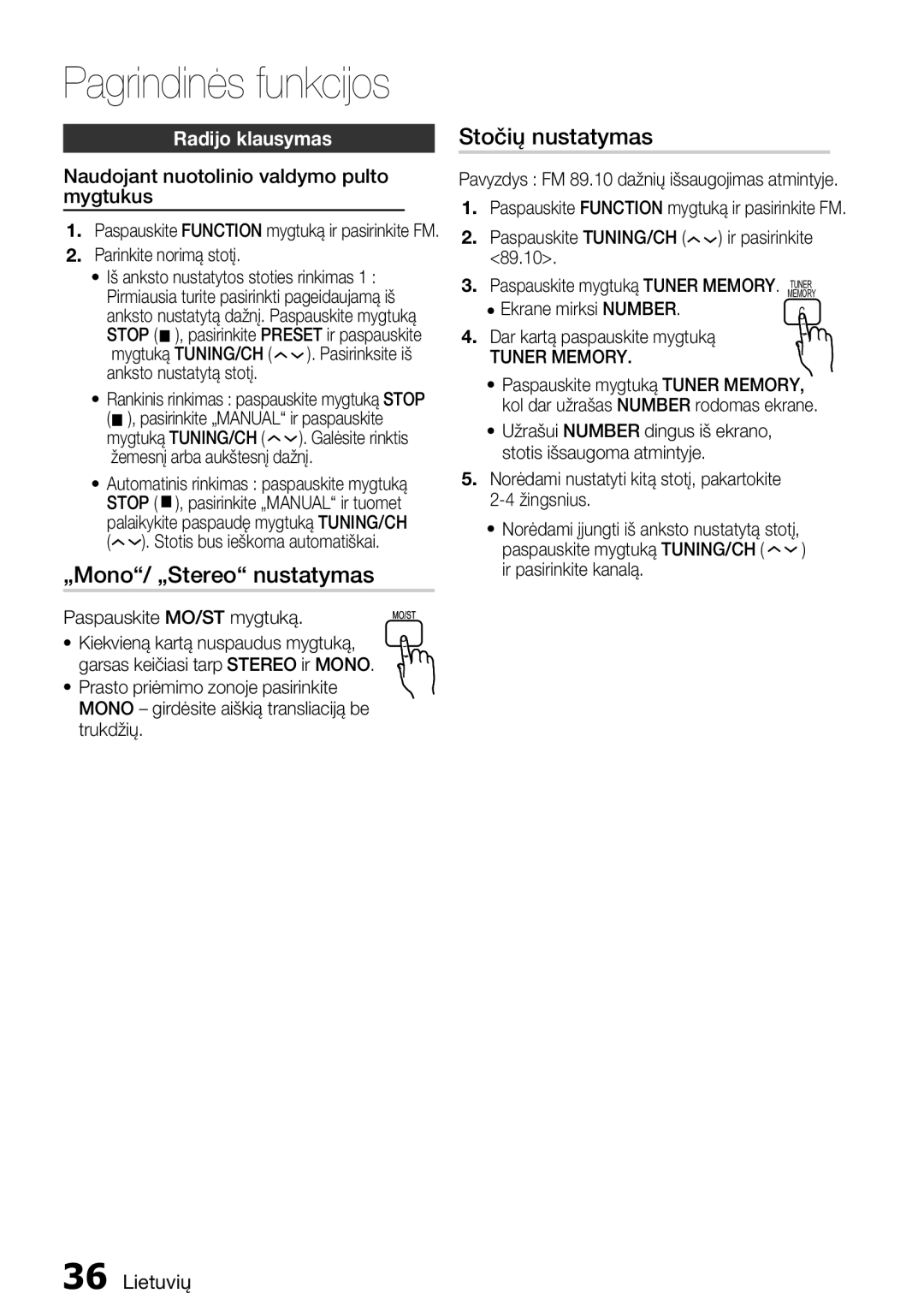 Samsung HT-E355K/RU manual Radijo klausymas, Naudojant nuotolinio valdymo pulto mygtukus, Tuner Memory 