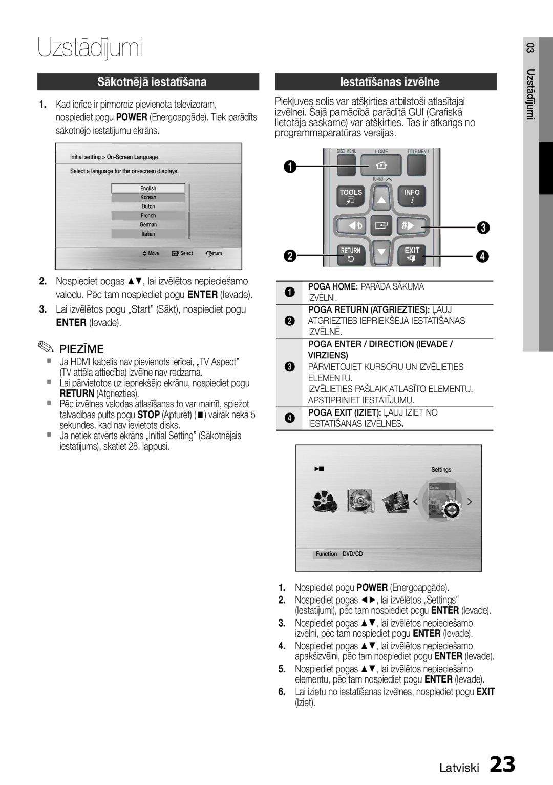 Samsung HT-E355K/RU manual Uzstādījumi, Sākotnējā iestatīšana, Iestatīšanas izvēlne, Nospiediet pogu Power Energoapgāde 