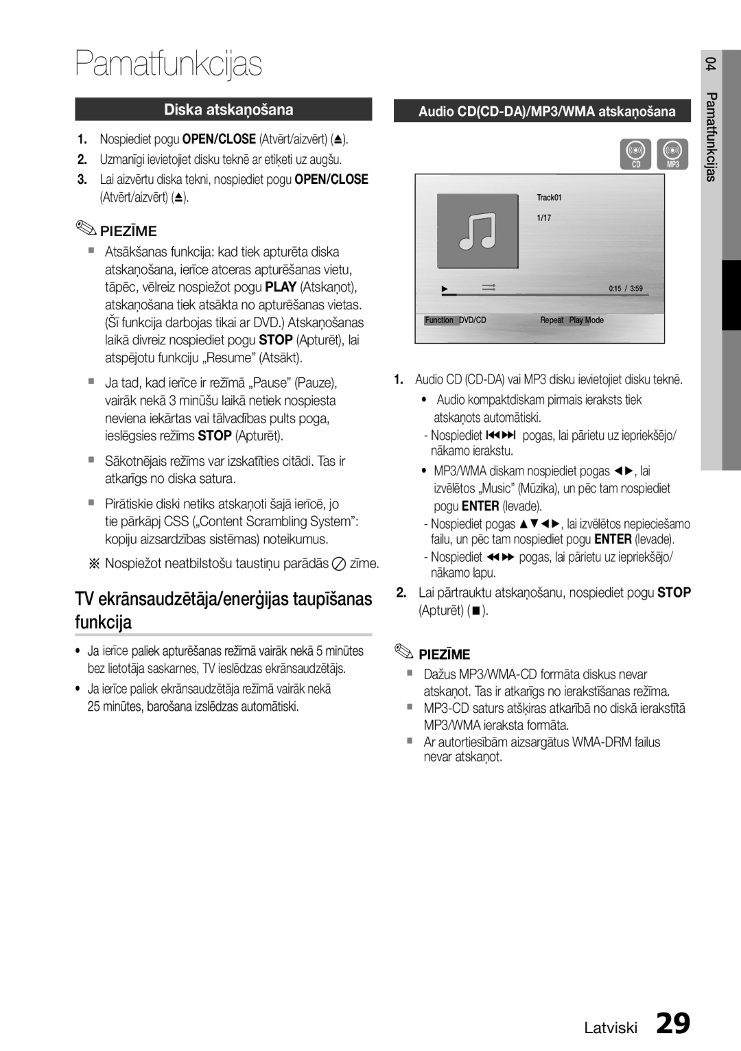 Samsung HT-E355K/RU manual Pamatfunkcijas, TV ekrānsaudzētāja/enerģijas taupīšanas funkcija, Diska atskaņošana, Ierīce 