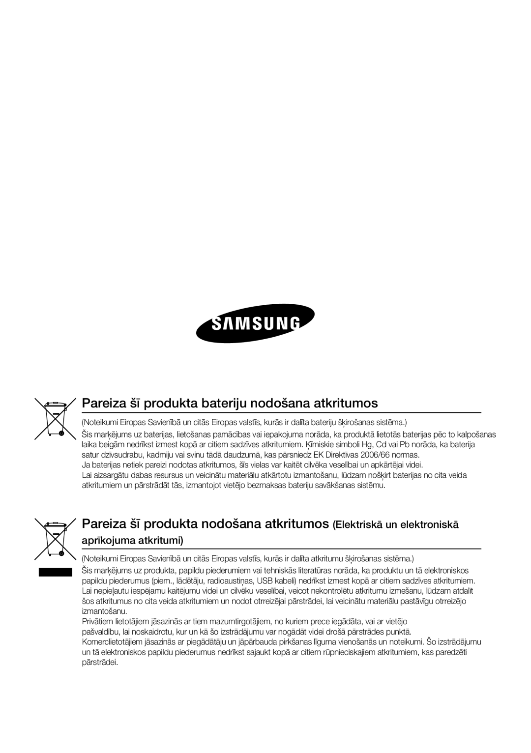 Samsung HT-E355K/RU manual Pareiza šī produkta bateriju nodošana atkritumos, Aprīkojuma atkritumi 