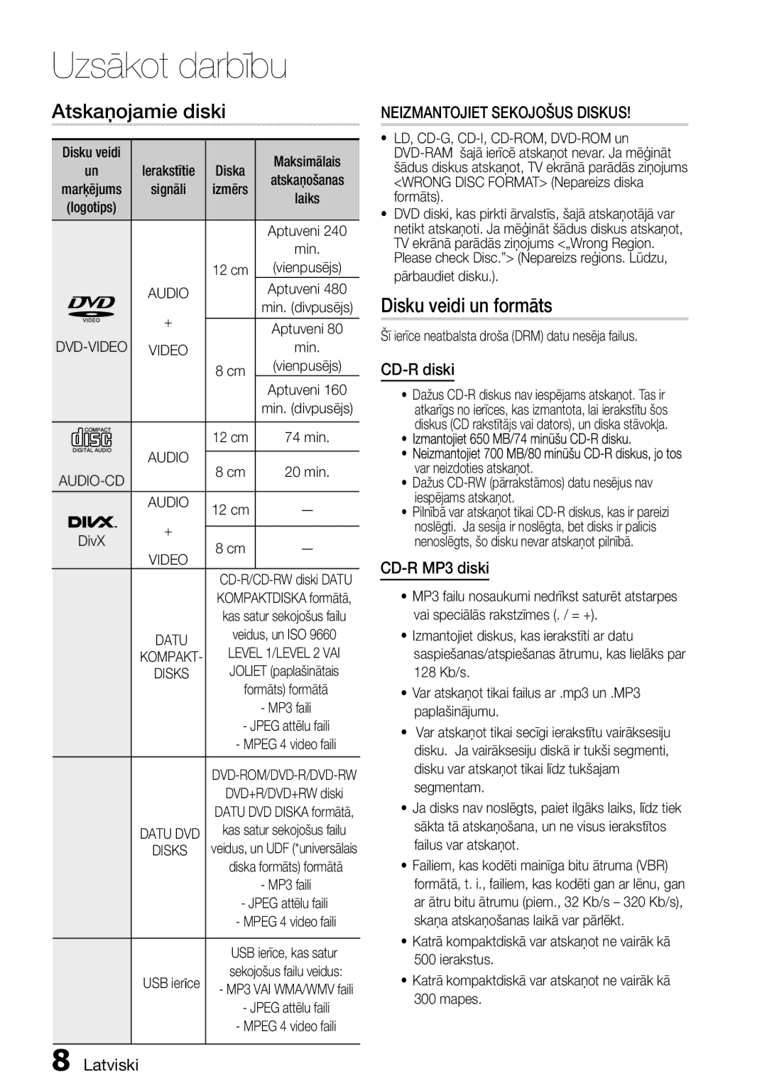 Samsung HT-E355K/RU manual Atskaņojamie diski, Disku veidi un formāts, CD-R diski, CD-R MP3 diski, DVD-VIDEO Video 