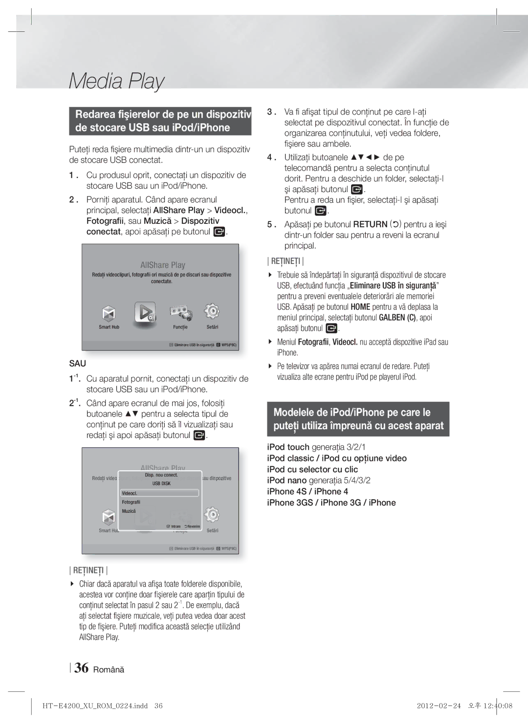 Samsung HT-E4200/EN manual De stocare USB sau iPod/iPhone, Sau, 36 Română, IPod nano generaţia 5/4/3/2 iPhone 4S / iPhone 