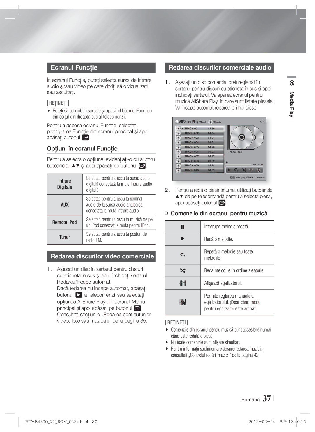 Samsung HT-ES4200/EN, HT-E4200/EN manual Ecranul Funcţie, Opţiuni în ecranul Funcţie, Redarea discurilor video comerciale 