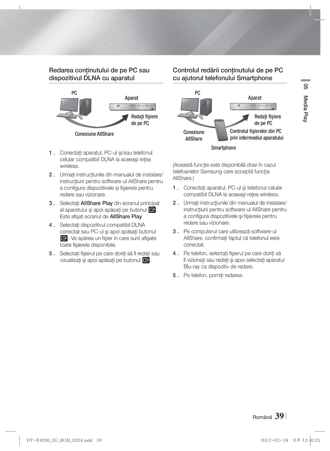 Samsung HT-ES4200/EN manual Redarea conţinutului de pe PC sau, Controlul redării conţinutului de pe PC, Aparat, De pe PC 