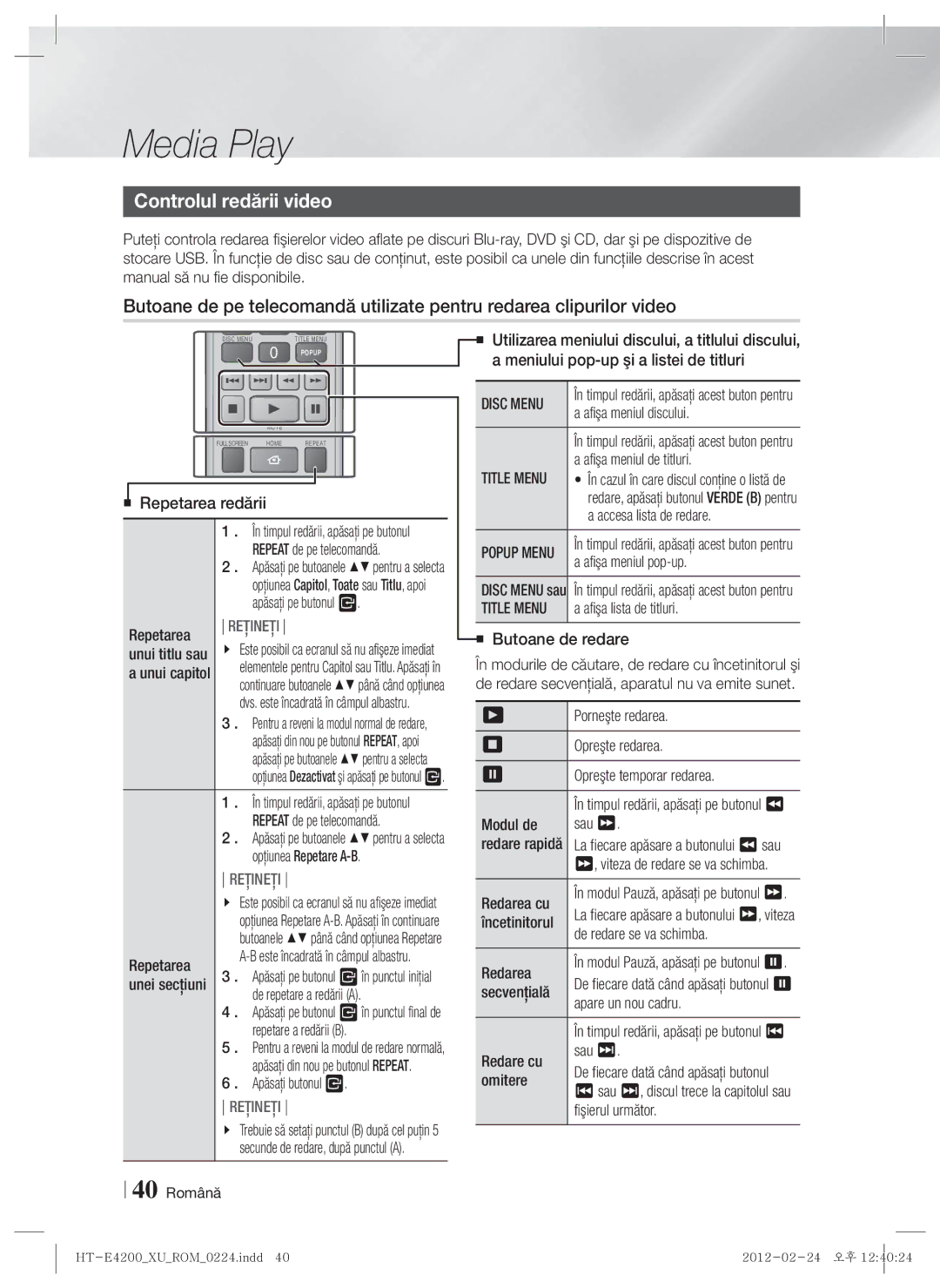 Samsung HT-E4200/EN, HT-ES4200/EN manual Controlul redării video 