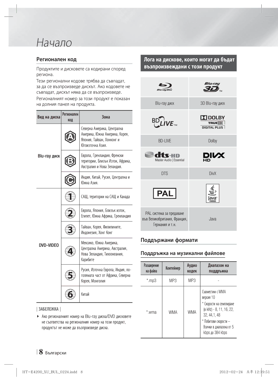 Samsung HT-E4200/EN, HT-ES4200/EN manual Регионален код, Поддържани формати, Поддръжка на музикални файлове 