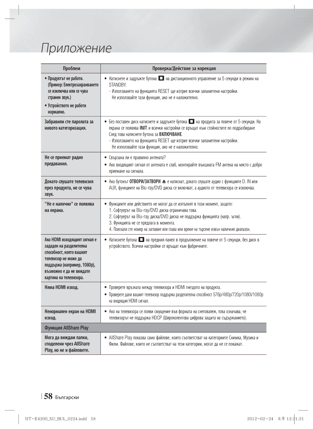 Samsung HT-E4200/EN, HT-ES4200/EN manual Standby 