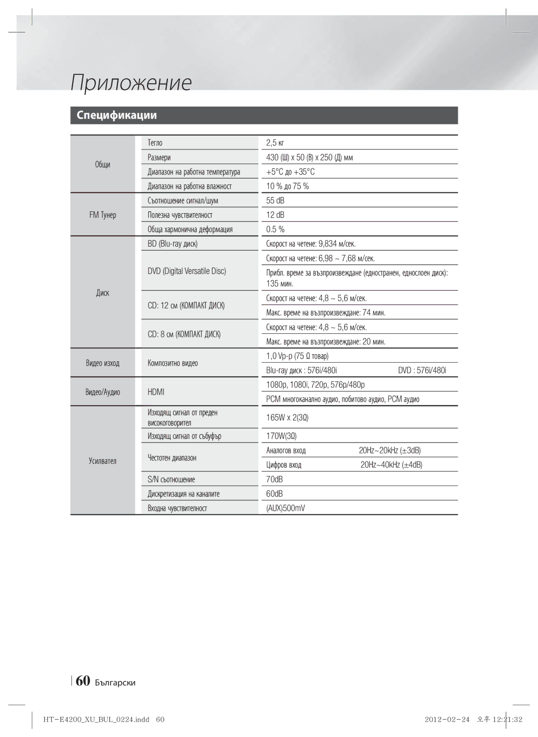 Samsung HT-E4200/EN, HT-ES4200/EN manual Спецификации 