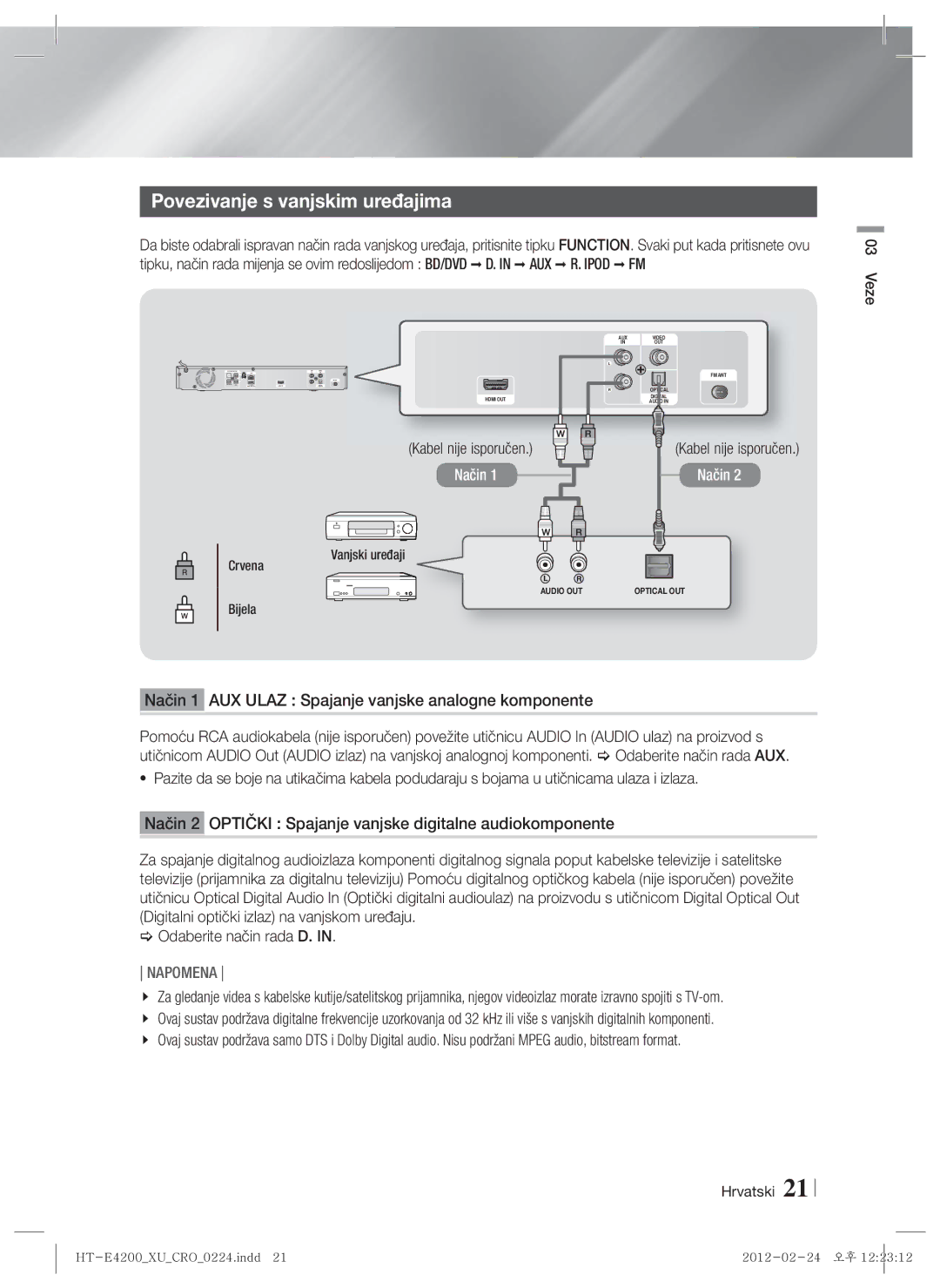 Samsung HT-ES4200/EN manual Povezivanje s vanjskim uređajima, Način 1 AUX Ulaz Spajanje vanjske analogne komponente, Bijela 