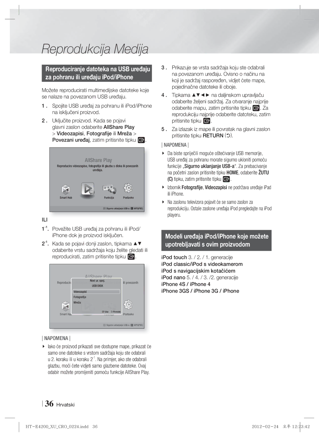 Samsung HT-E4200/EN, HT-ES4200/EN manual Za pohranu ili uređaju iPod/iPhone, Novi ur. spoj, Videozapisi Fotografije Mreža 