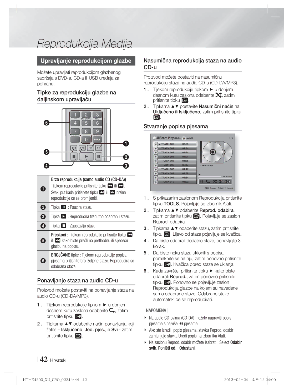 Samsung HT-E4200/EN, HT-ES4200/EN Upravljanje reprodukcijom glazbe, Tipke za reprodukciju glazbe na daljinskom upravljaču 