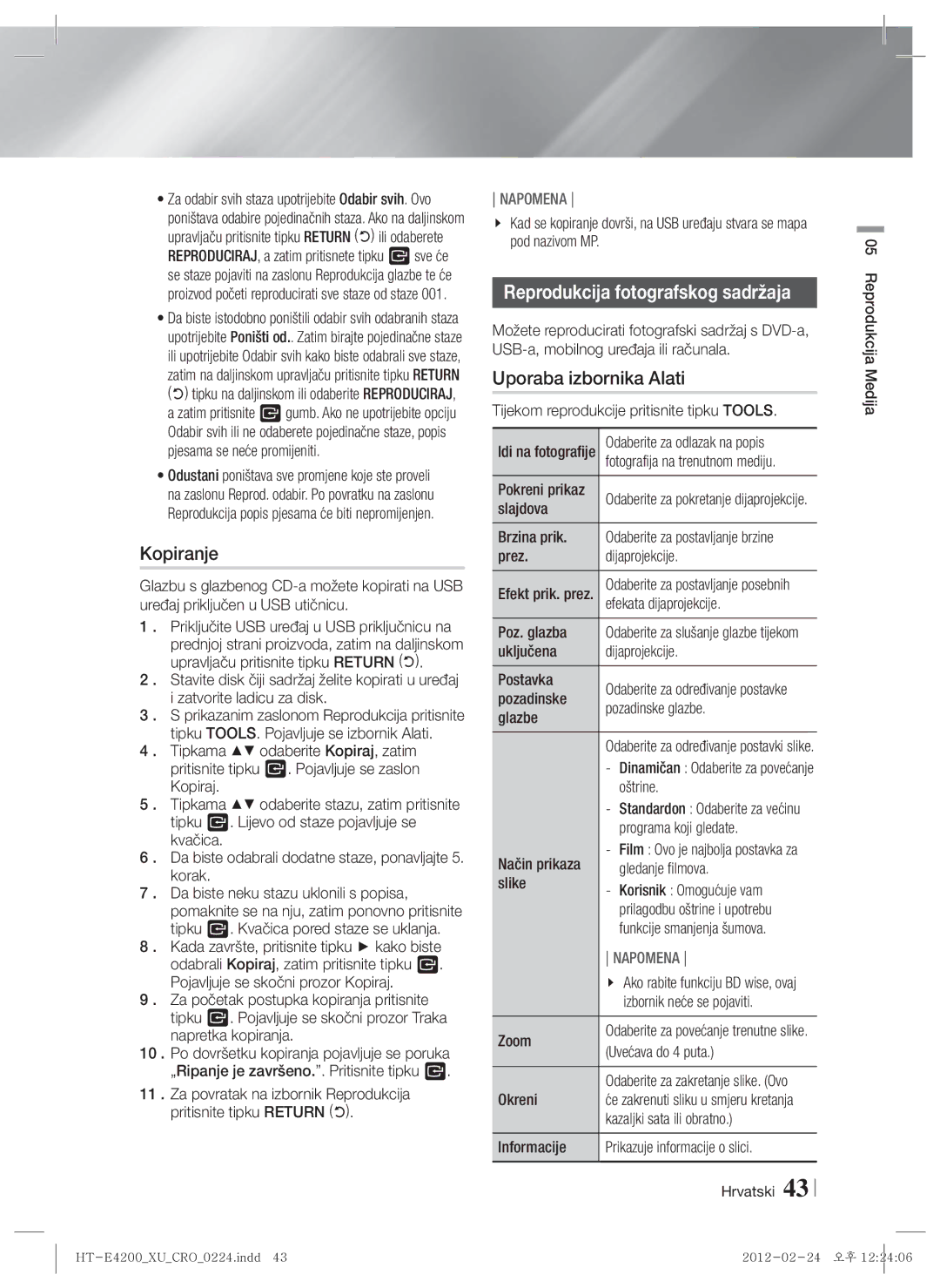 Samsung HT-ES4200/EN, HT-E4200/EN manual Kopiranje, Reprodukcija fotografskog sadržaja 