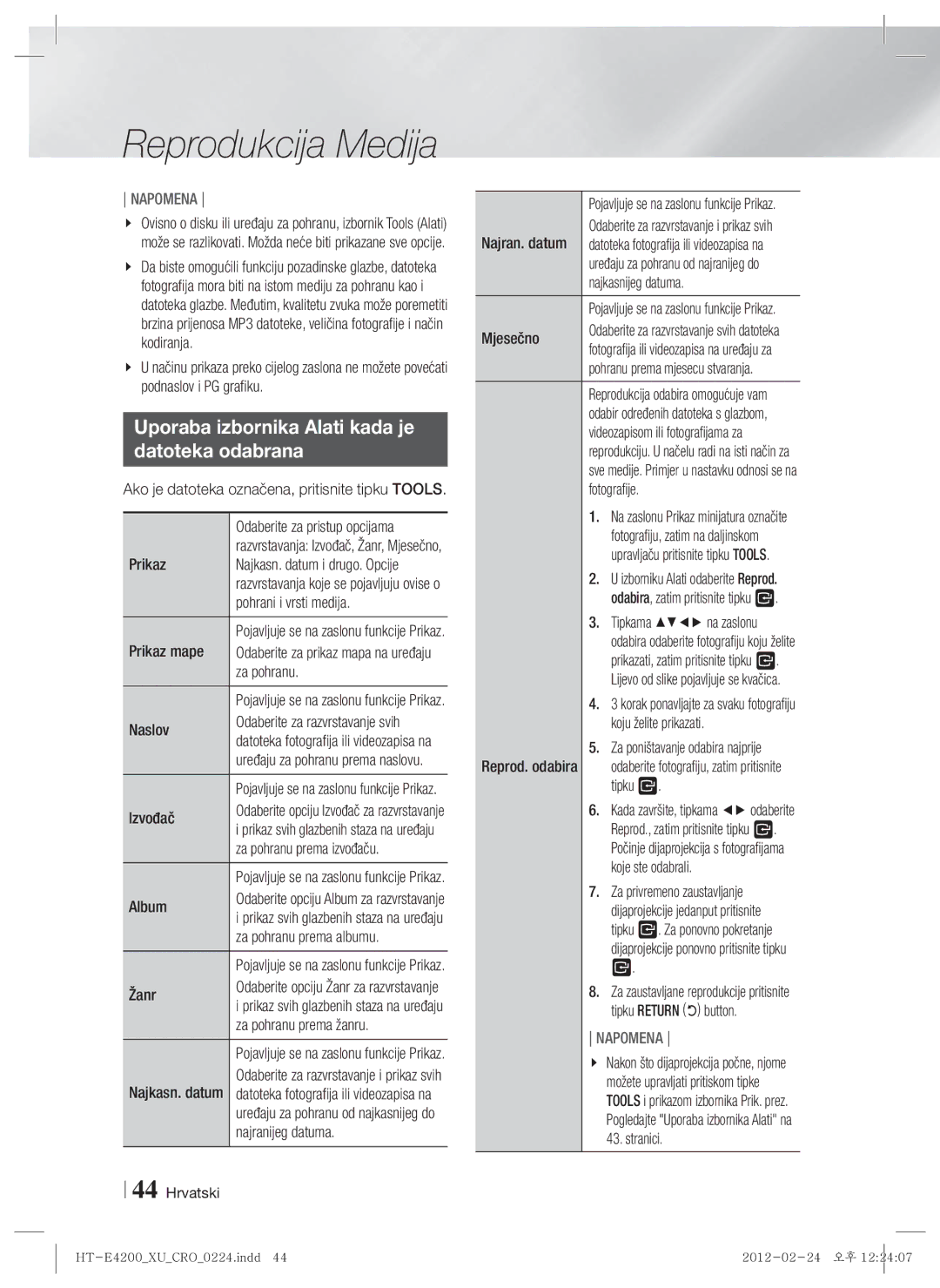 Samsung HT-E4200/EN, HT-ES4200/EN manual Uporaba izbornika Alati kada je Datoteka odabrana 