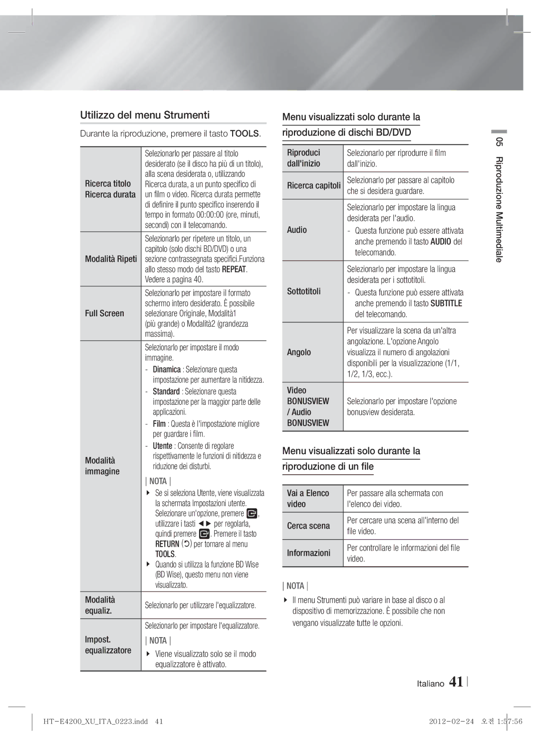 Samsung HT-ES4200/ZF manual Utilizzo del menu Strumenti, Menu visualizzati solo durante la Riproduzione di un file, Tools 