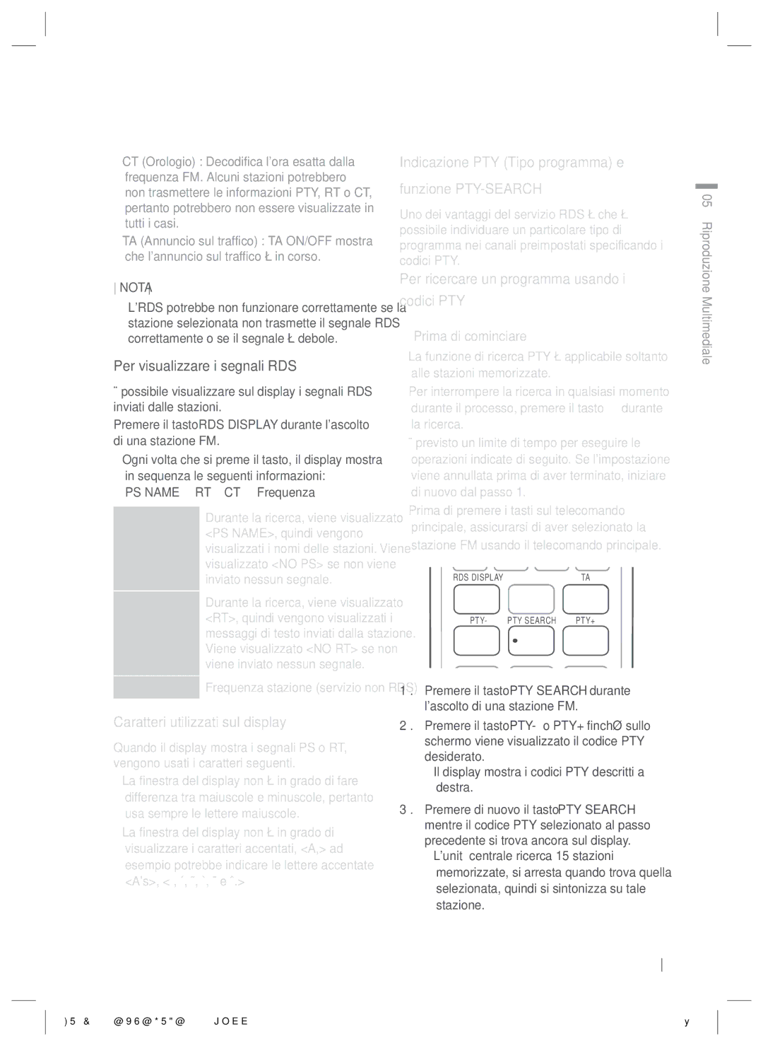 Samsung HT-ES4200/ZF, HT-E4200/ZF manual Per visualizzare i segnali RDS, Caratteri utilizzati sul display 