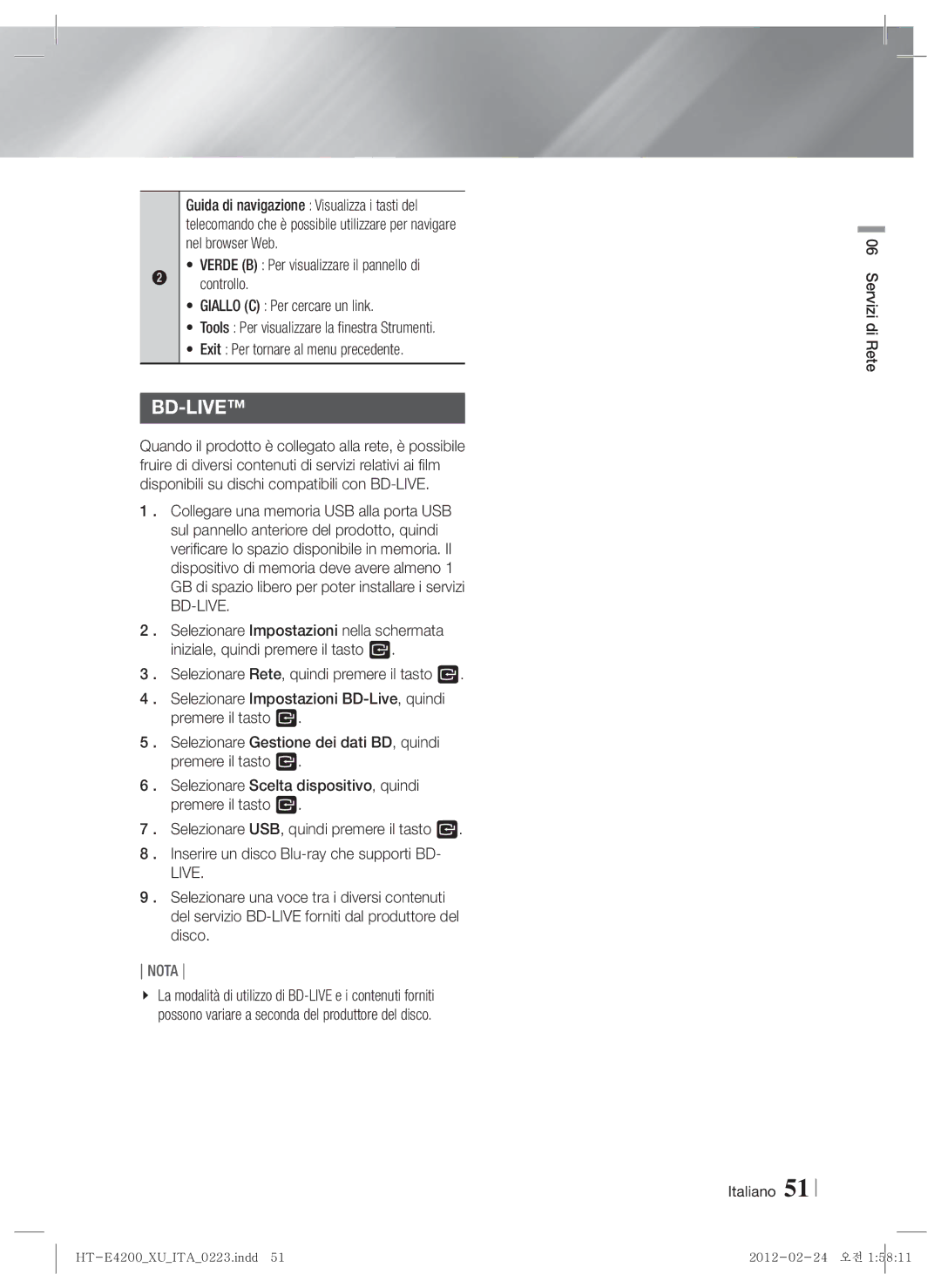 Samsung HT-ES4200/ZF, HT-E4200/ZF manual Servizi di Rete Italiano 