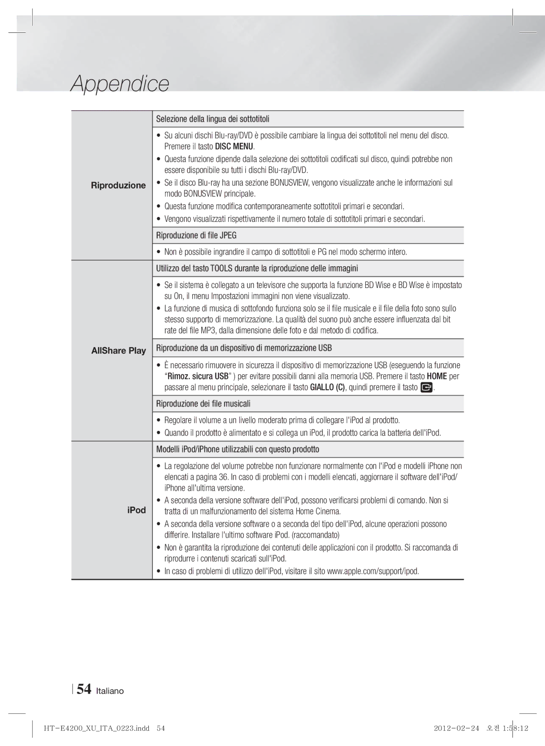 Samsung HT-E4200/ZF manual Selezione della lingua dei sottotitoli, Premere il tasto Disc Menu, Modo Bonusview principale 