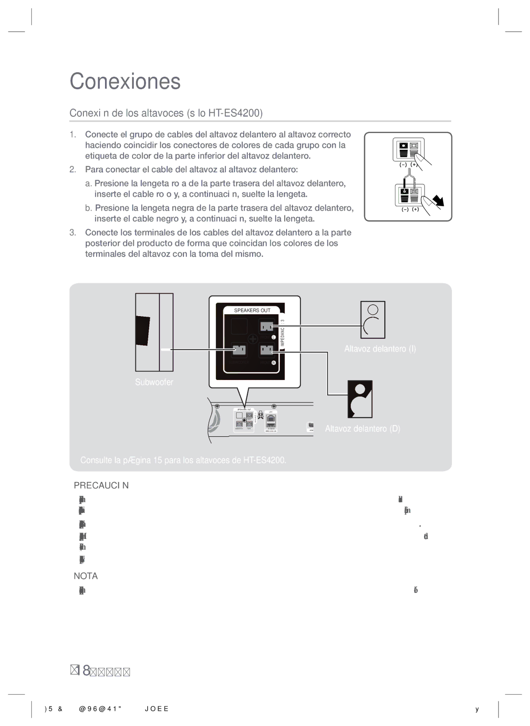 Samsung HT-E4200/ZF Conexión de los altavoces sólo HT-ES4200, En el caso del modelo HT-E4200, Altavoz delantero D, Rojo 