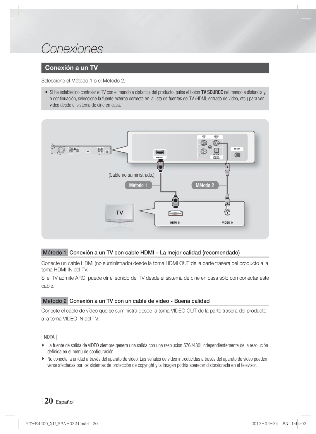 Samsung HT-E4200/ZF, HT-ES4200/ZF manual Conexión a un TV, Seleccione el Método 1 o el Método, Cable no suministrado 