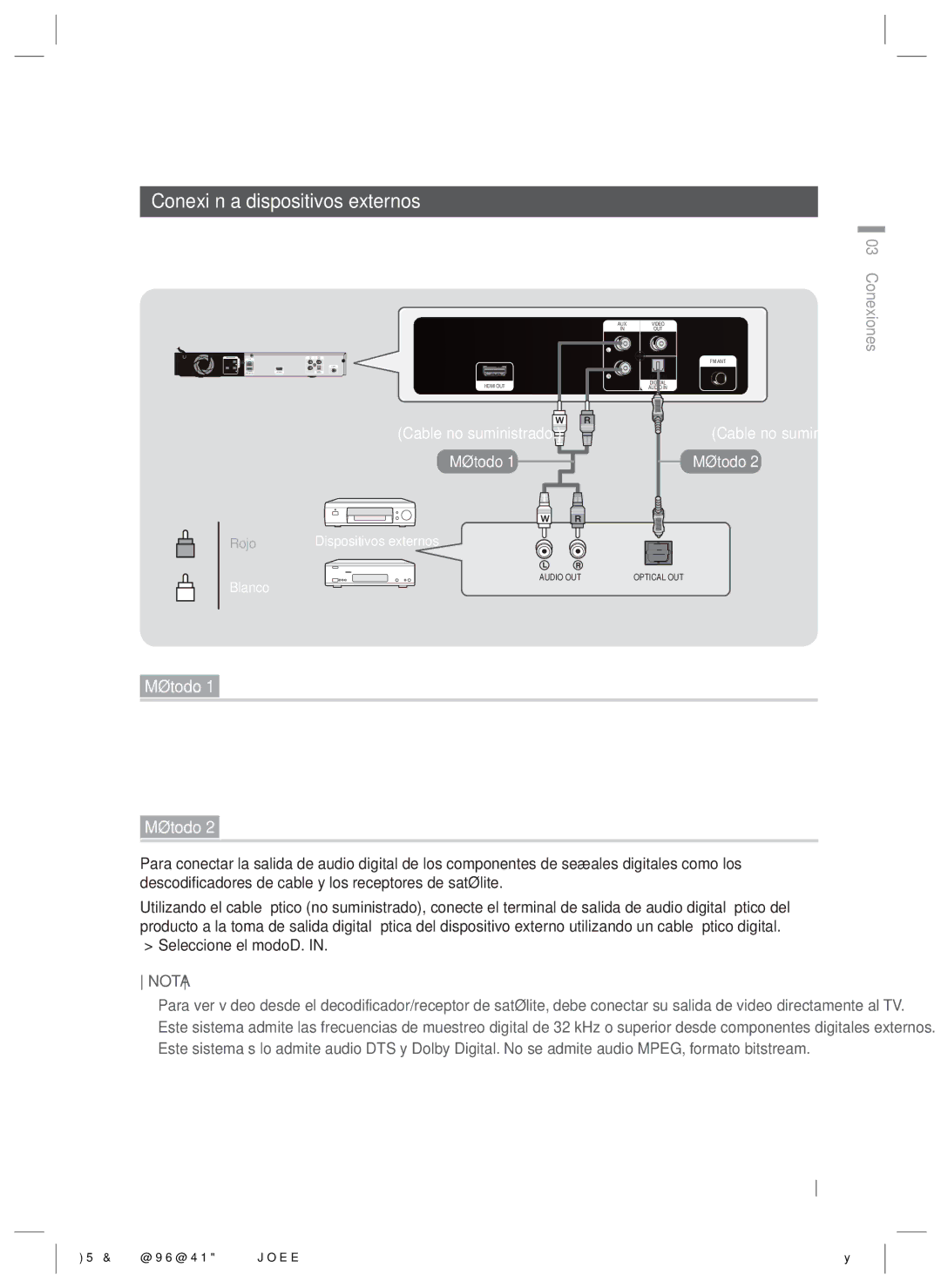 Samsung HT-ES4200/ZF, HT-E4200/ZF Conexión a dispositivos externos,  Seleccione el modo D, Cable no suministrado, Blanco 