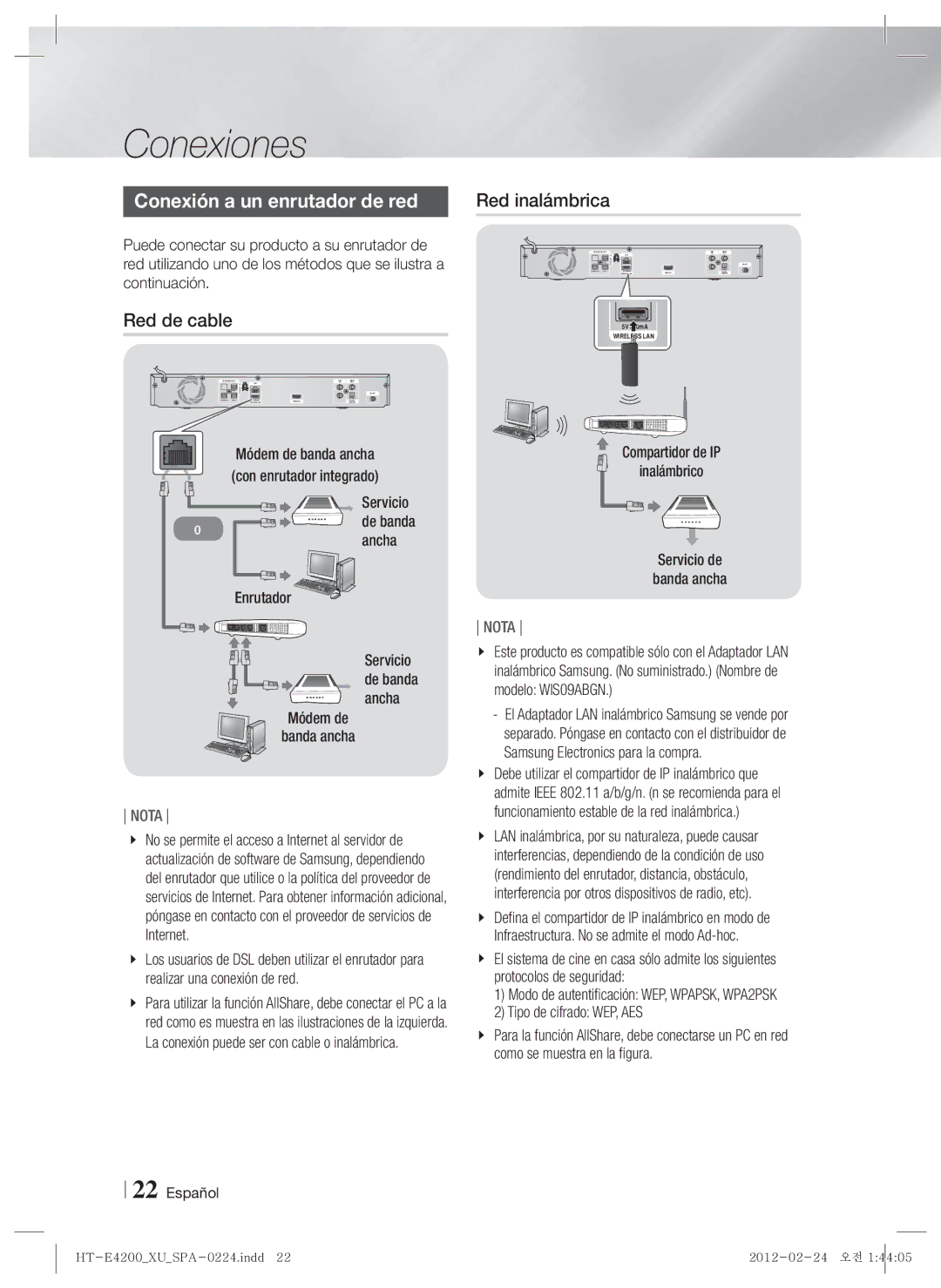 Samsung HT-E4200/ZF, HT-ES4200/ZF manual Conexión a un enrutador de red, Red de cable 