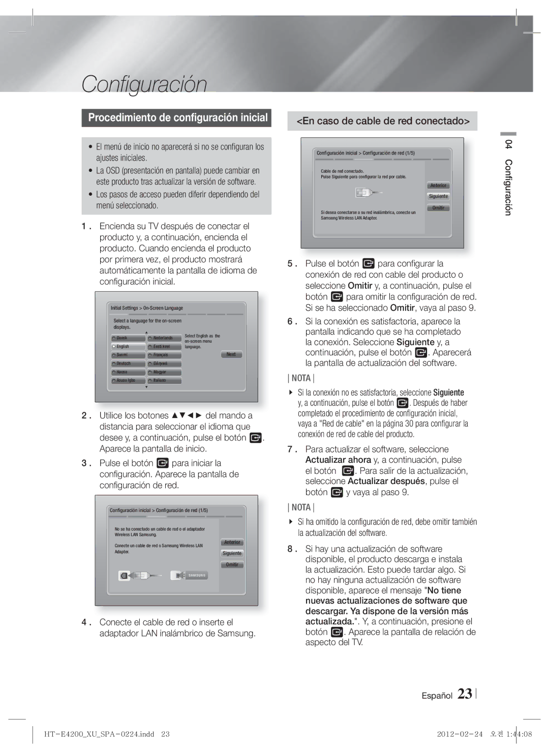 Samsung HT-ES4200/ZF, HT-E4200/ZF manual En caso de cable de red conectado, Español Configuración 