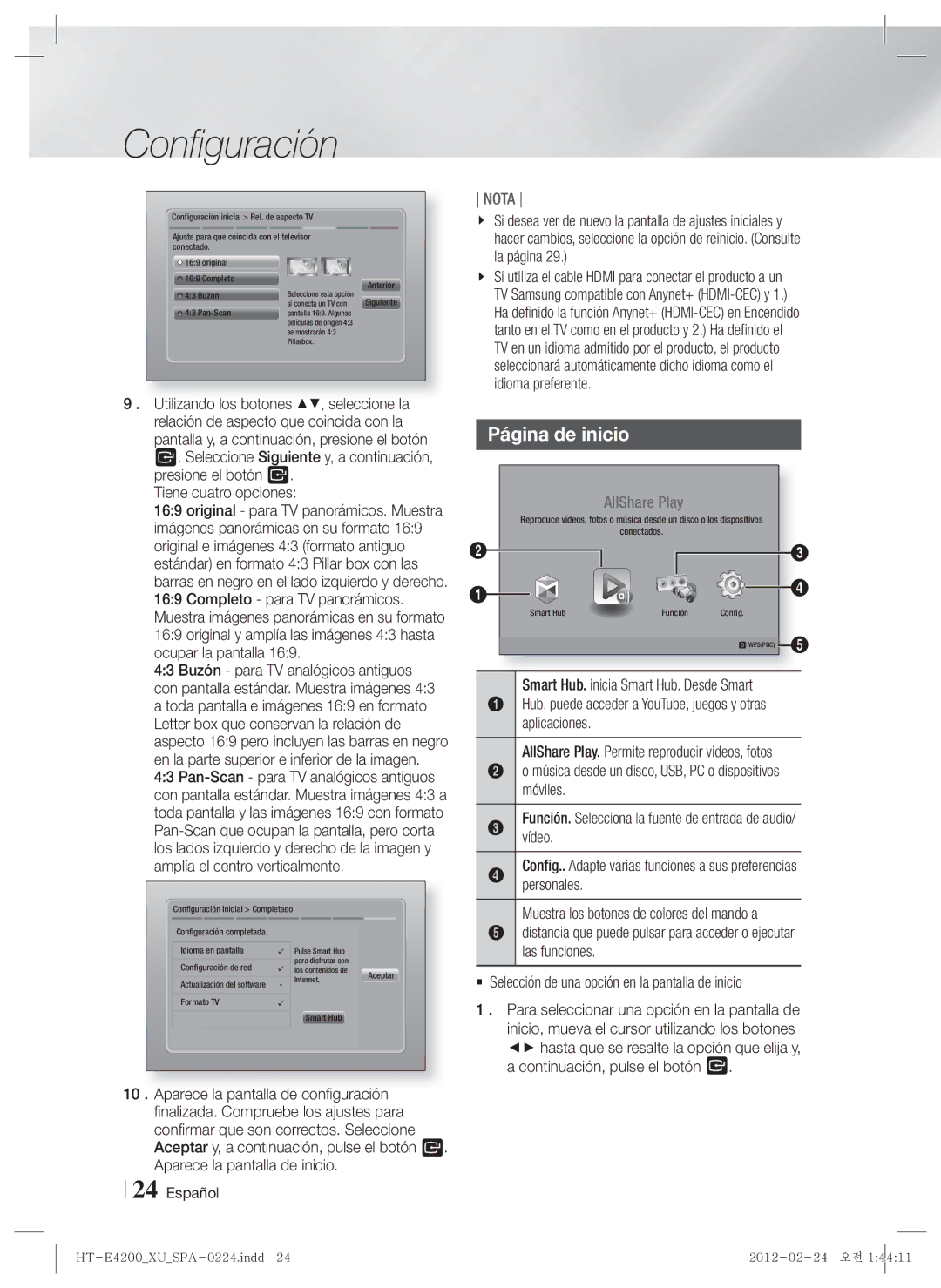 Samsung HT-E4200/ZF, HT-ES4200/ZF manual Página de inicio, Tiene cuatro opciones 