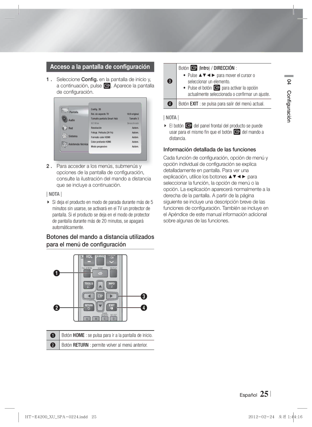 Samsung HT-ES4200/ZF, HT-E4200/ZF Acceso a la pantalla de configuración, Botón Exit se pulsa para salir del menú actual 