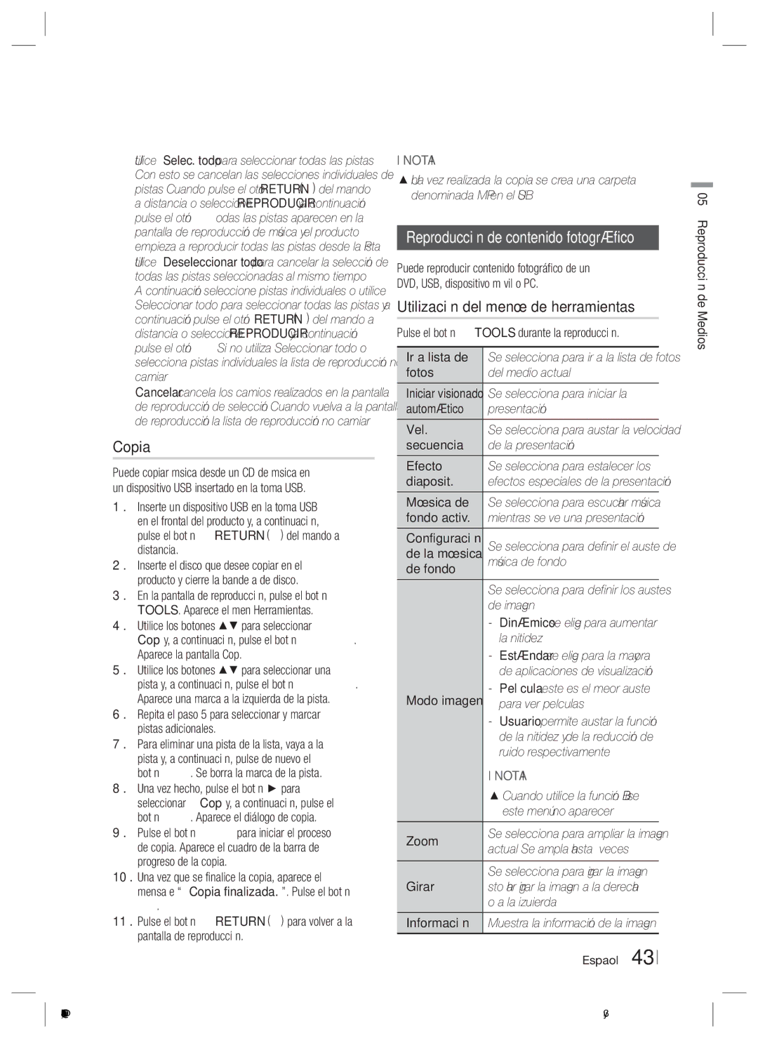 Samsung HT-ES4200/ZF, HT-E4200/ZF manual Copia, Utilización del menú de herramientas 