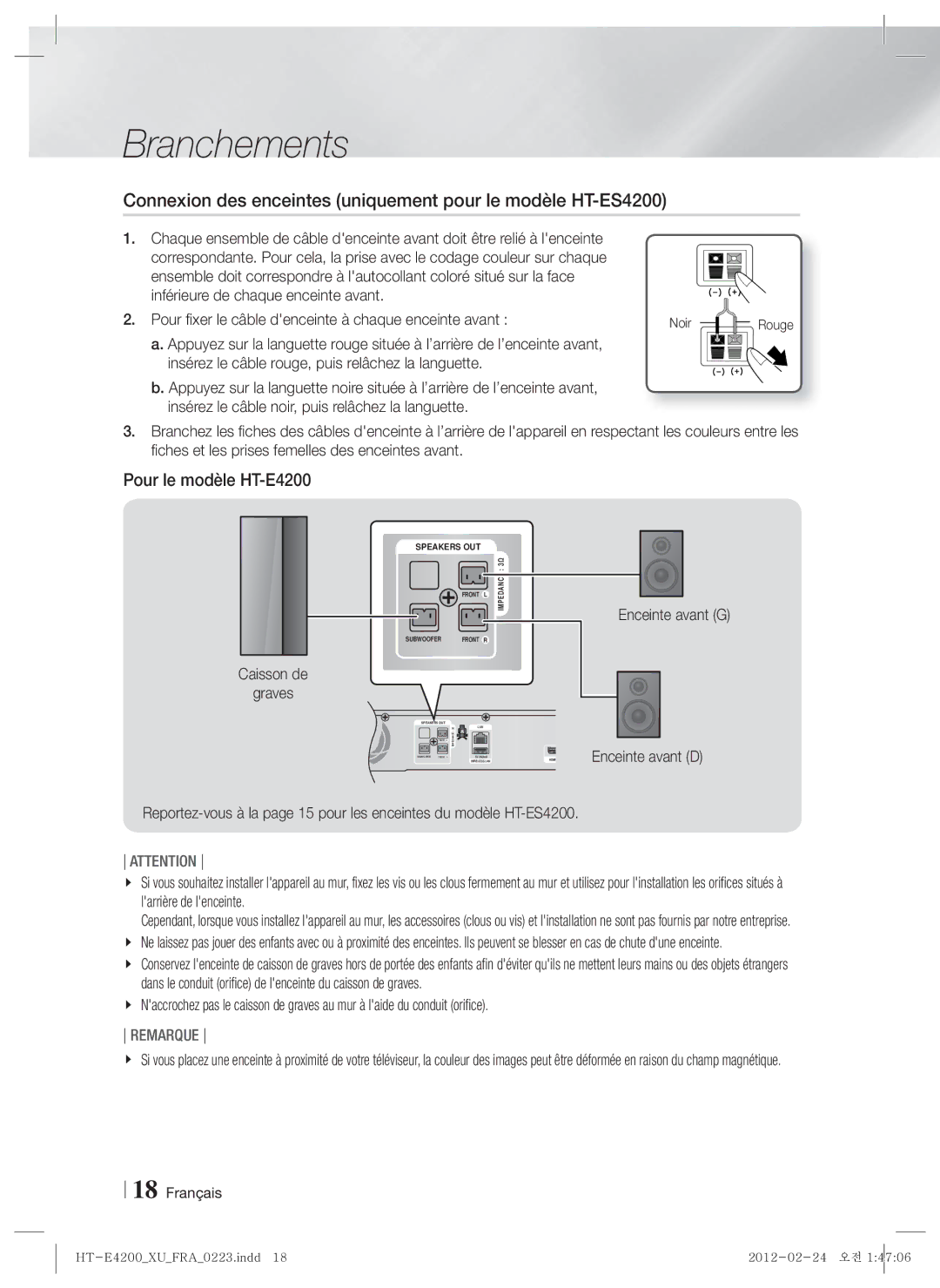 Samsung HT-E4200/ZF manual Connexion des enceintes uniquement pour le modèle HT-ES4200, Pour le modèle HT-E4200, Rouge 