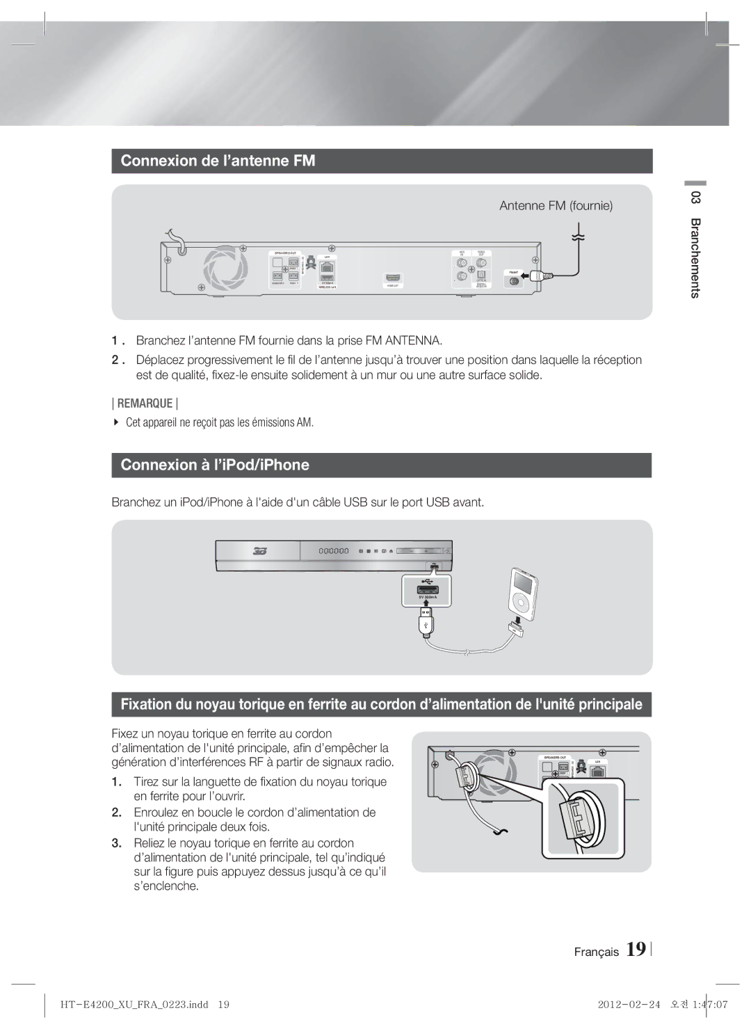 Samsung HT-ES4200/ZF, HT-E4200/ZF manual Connexion de l’antenne FM, Connexion à l’iPod/iPhone, Antenne FM fournie 