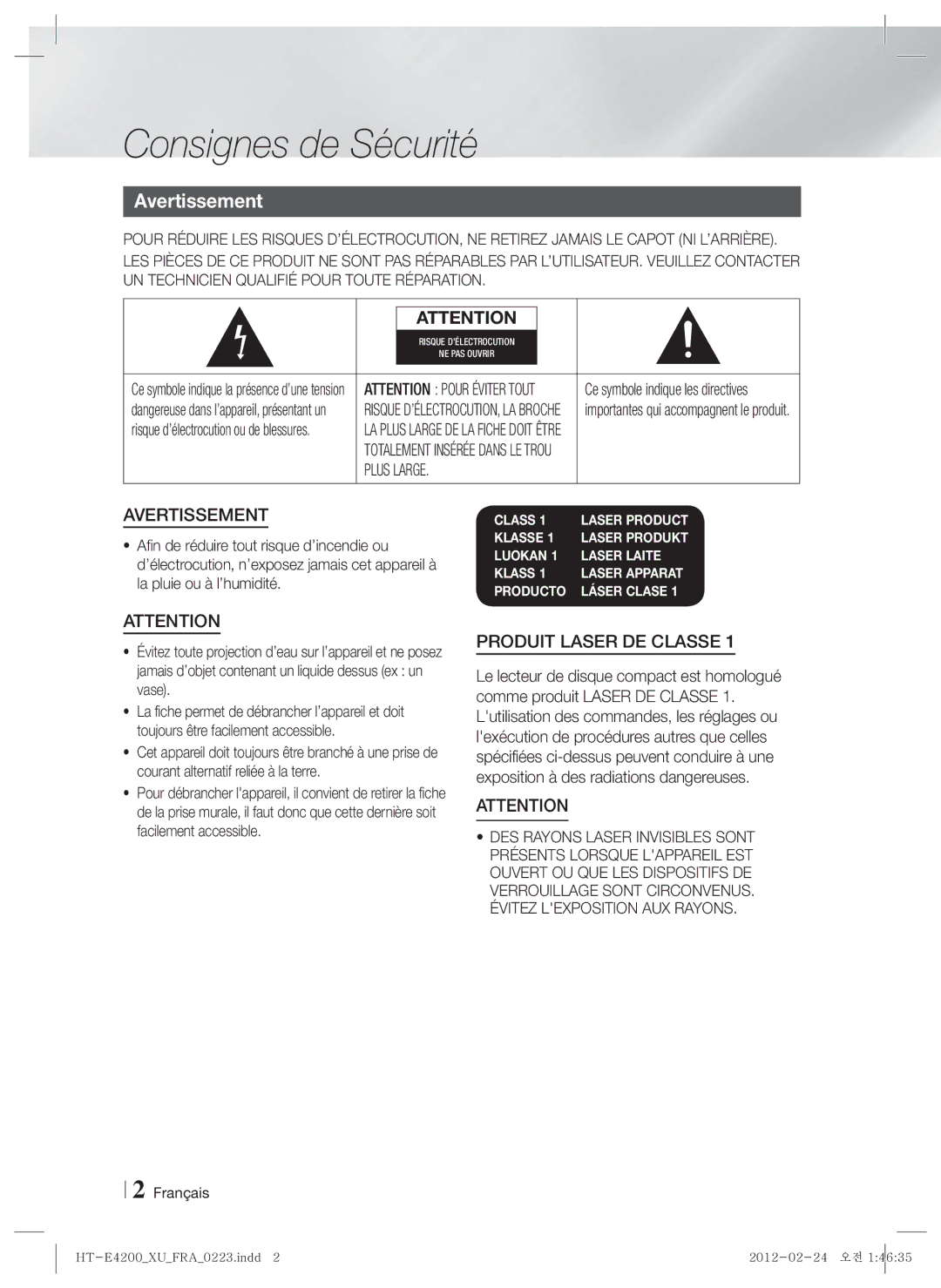 Samsung HT-E4200/ZF manual Consignes de Sécurité, Avertissement, Plus Large, Français, Ce symbole indique les directives 